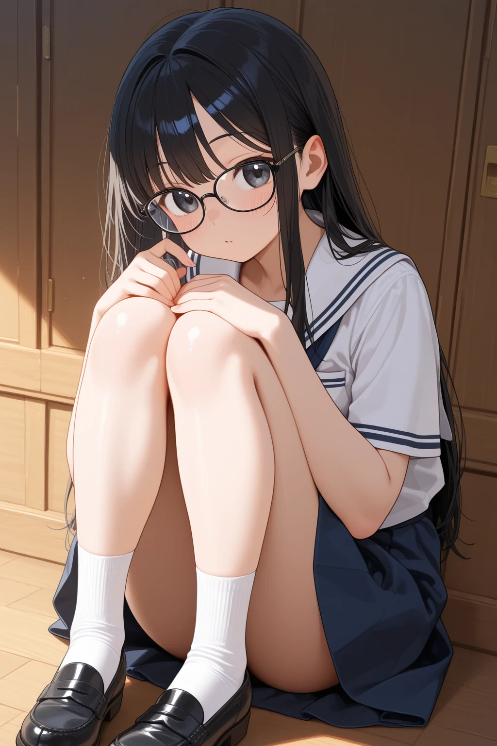 hight resolution, top-quality, ​masterpiece, ultra-quality, The ultra-detailliert, lighting like a movie、School Library、eye glass、Literary girl、Black sailor suit、Flushed face、squatting and opening legs、white  panties、