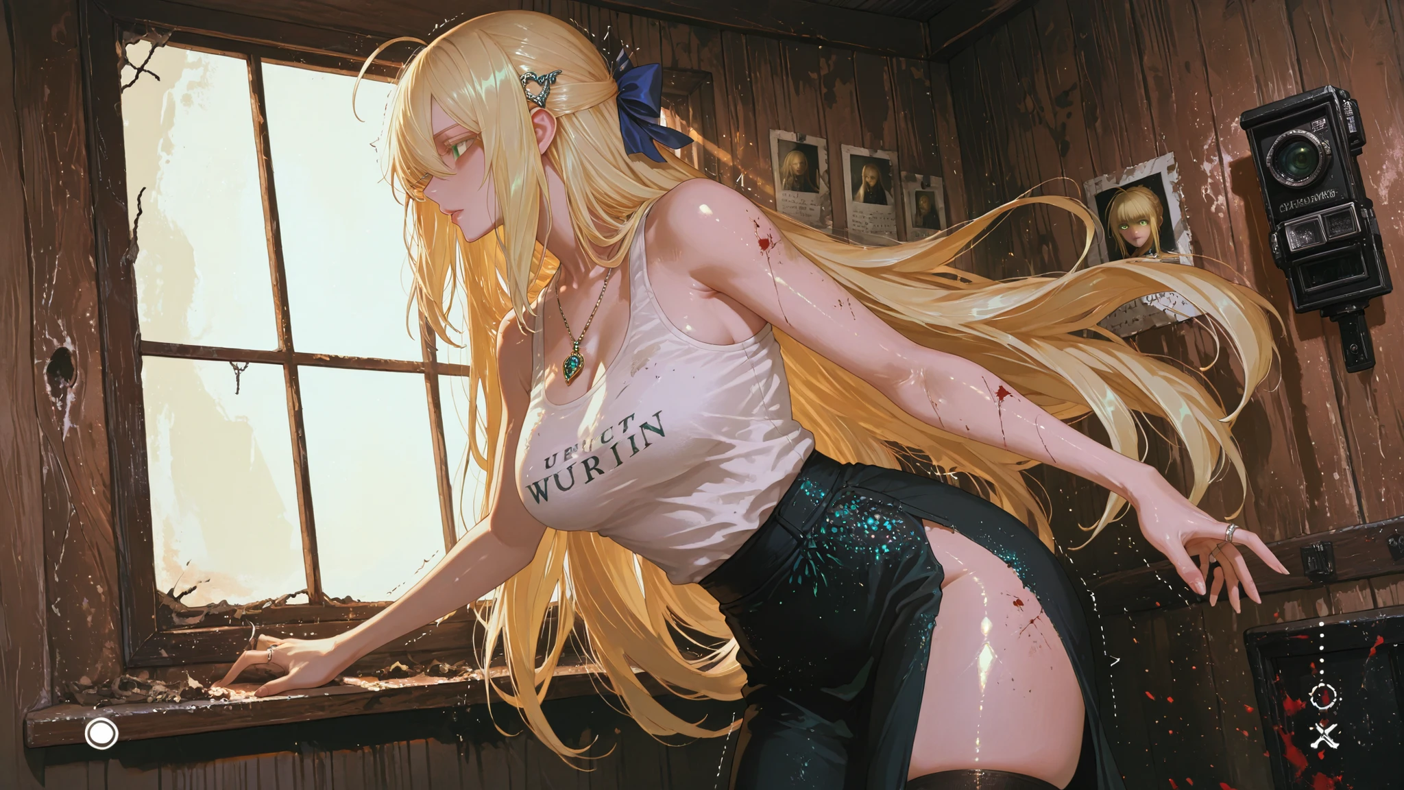 saber artoria pendragon ((fate (series)) a mature woman standing in a abandoned rustic room with wooden walls and photographs on the walls.with her mouth open. A photo-realistic shoot from a profile camera angle about. the image also shows sunlight streaming through a window, photo splatters all around her, abandoned and dirty,creating a warm and cozy atmosphere. on the middle of the image, a woman with long blonde hair appears to be in her mid-twenties, wearing a white tank top with a pocket. her body is slim and curvy . her body is slim and toned. she is standing with her back to the viewer , looking over her shoulder with a pleasure expression. her large breasts are visible, and she has a slim body. the woman is facing away from the viewer, her hair is styled in a long, flowing manner. the lighting is soft and natural, casting gentle shadows on her body. 1girl, solo, unrivaled beauty, standing, skindentation, expression of pleasure, skirt, pendant, newest,wide open eyes, green eyes, hair between eyes, hair bow, very long hair, ring hair ornament, trembling, voluptuous, large breasts, fit female, shiny skin, vivid eyes, shine_eyes, long eyelashes,injury, juicy lips , horror, grimdark, side slit, dynamic pose, beautiful eyes, beautiful face, beautiful hair,Masterpiece , best quality , (ultra-detailed) , amazing quality , very aesthetic , illustration , perfect composition , intricate details , absurd ,((4k,8k,Ultra HD)),((Masterpiece :1.2)),((Best quality :1.2)),((Detailed :1.5)),((Detailed background :1.5))