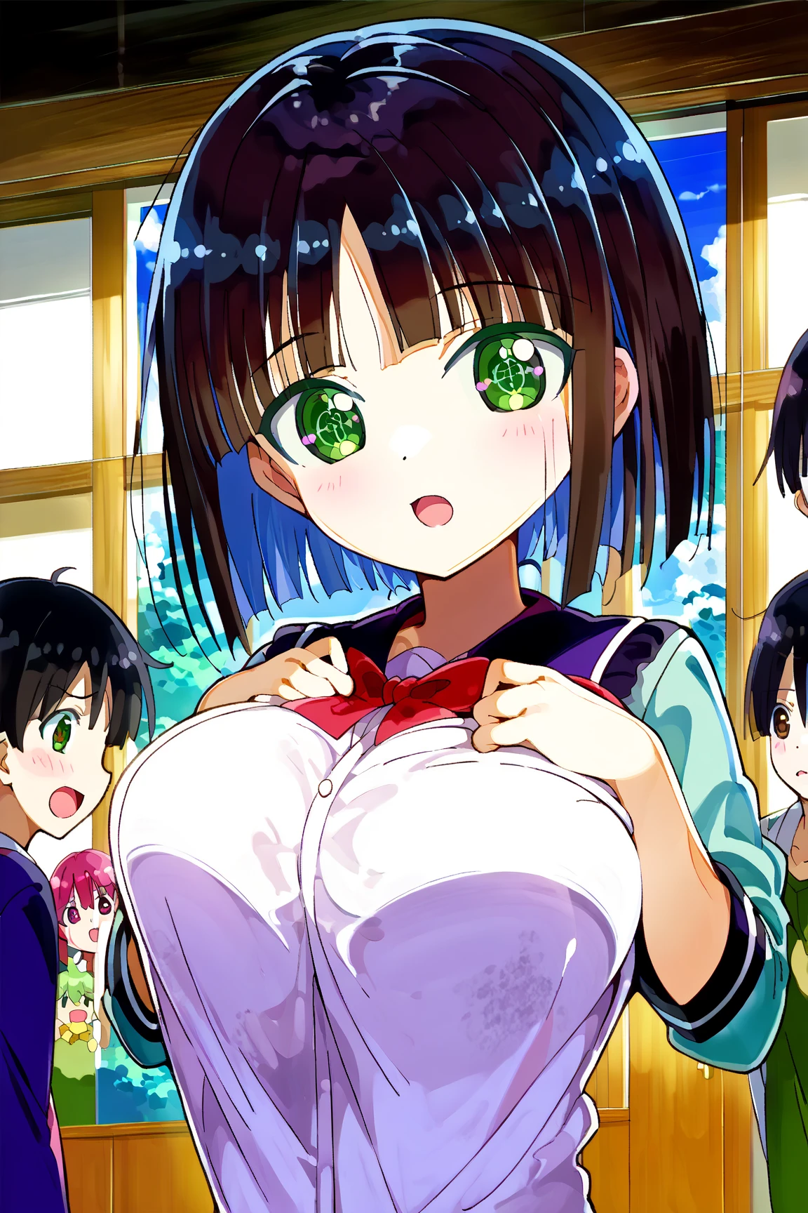 ((Tabletop, Highest quality, High resolution, Pixel Perfect,  4K, Browsing Caution)))、1 Girl, Beautiful woman、(((Sex surrounded by multiple men、Bukkake)))、((short hair、Black Hair)), ((Eyes closed、Beautiful eyelashes)), ((Detailed face, blush:1.2)), ((Smooth texture:0.75, Realistic texture:0.65, Realistic:1.1, Anime CG Style))、Big nipples、((Huge breasts、Swollen nipples、Thick thighs)), Perfect body、Office room at night、((((:or、Embarrassing、blush))))、((Sweat、Steam from armpits))、(Place your hands behind your head、Underarm)、((white lacebra、White panties))、