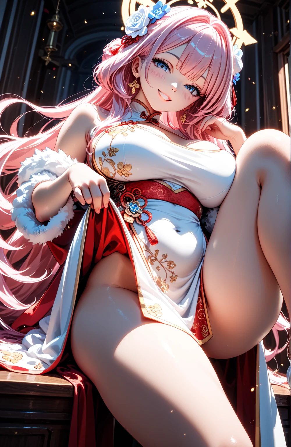 Yae miko, anime style, (masterpiece:1.35),(bestquality:1.4), 8k,ultra-detailed, photography, (ultra-realistic:1.4), film grain, Fujifilm XT3, depth of field, female focus, 27 years old female, (sexy Asian female:1.45), looking at viewer, bare shoulders, climax face, blush, closed mouth, red lips, seductive smile, detached sleeves, hand grab the breast, earrings, fingernails, hair between eyes, pink hair bangs, pink hair, very long hair, detailed realistic hair, symetrical hair ornament, japanese clothes, miko's clothes, detailed realistic clothes, jewelry, purple gemstone, detailed jewelry, neck garter, necklace, plump breasts, (breast cleavage)!!, (covered chest)!!, super seductive temptation, open skirt,  open crotch, slim legs, petticoat, fishnet legs, pantyhose, smooth thighs cleavage, (garter thighs), armpit, erotic, super seductive temptation, nontraditional miko, (shiny eyes pupils)!!, detailed eyes, (homochromatic eyes)!, cherry blossom, (Lying on bed)!!, window, seduction vibe, yae miko \(genshin impact\), (correct anatomically)!