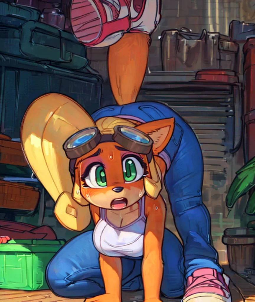 Solo, cute, perfect hands,detailed, nanachi \(made in abyss\), (thick thighs), narehate, tail, red Mario cap, Blue overalls, Blue pants,red background,pose,by Sqoon