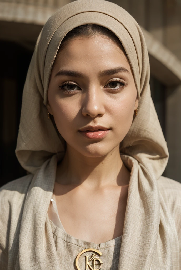 beautiful young woman in naked, long simple headscarf, serene expression, detailed facial features, intricate embroidered patterns, elegant pose, soft natural lighting, photorealistic, highly detailed, 8k, cinematic, dramatic, warm color tones