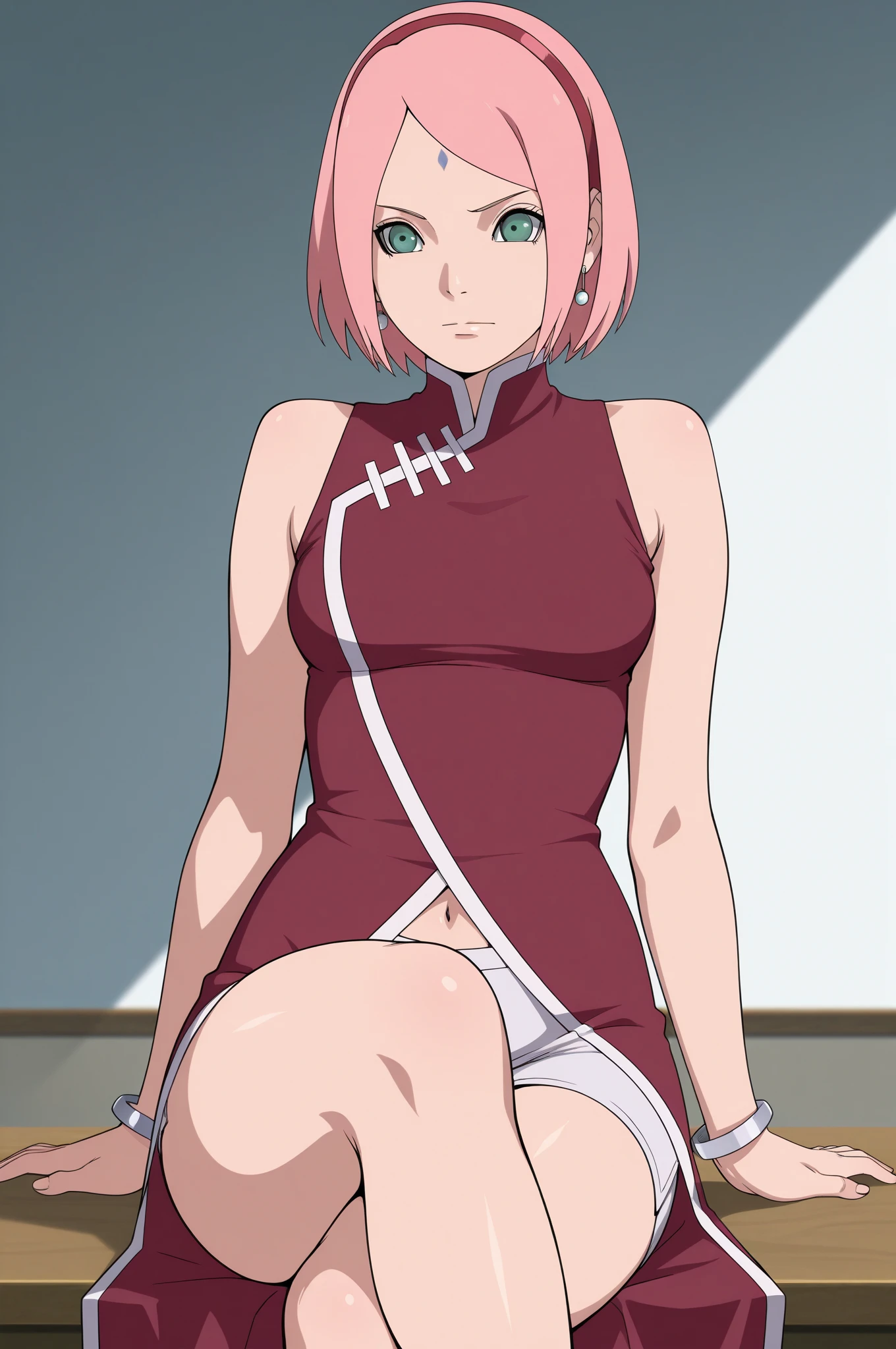 masterpiece, absurdres , (intricate details), (colorful),cinematic lighting,bust shot,extremely detailed CG unity 8k wallpaper,1girl, haruno sakura,red hairband,forehead mark,washing machine,red sleeveless dress, hand on hip, angry, pov,navel, panties, bottomless,