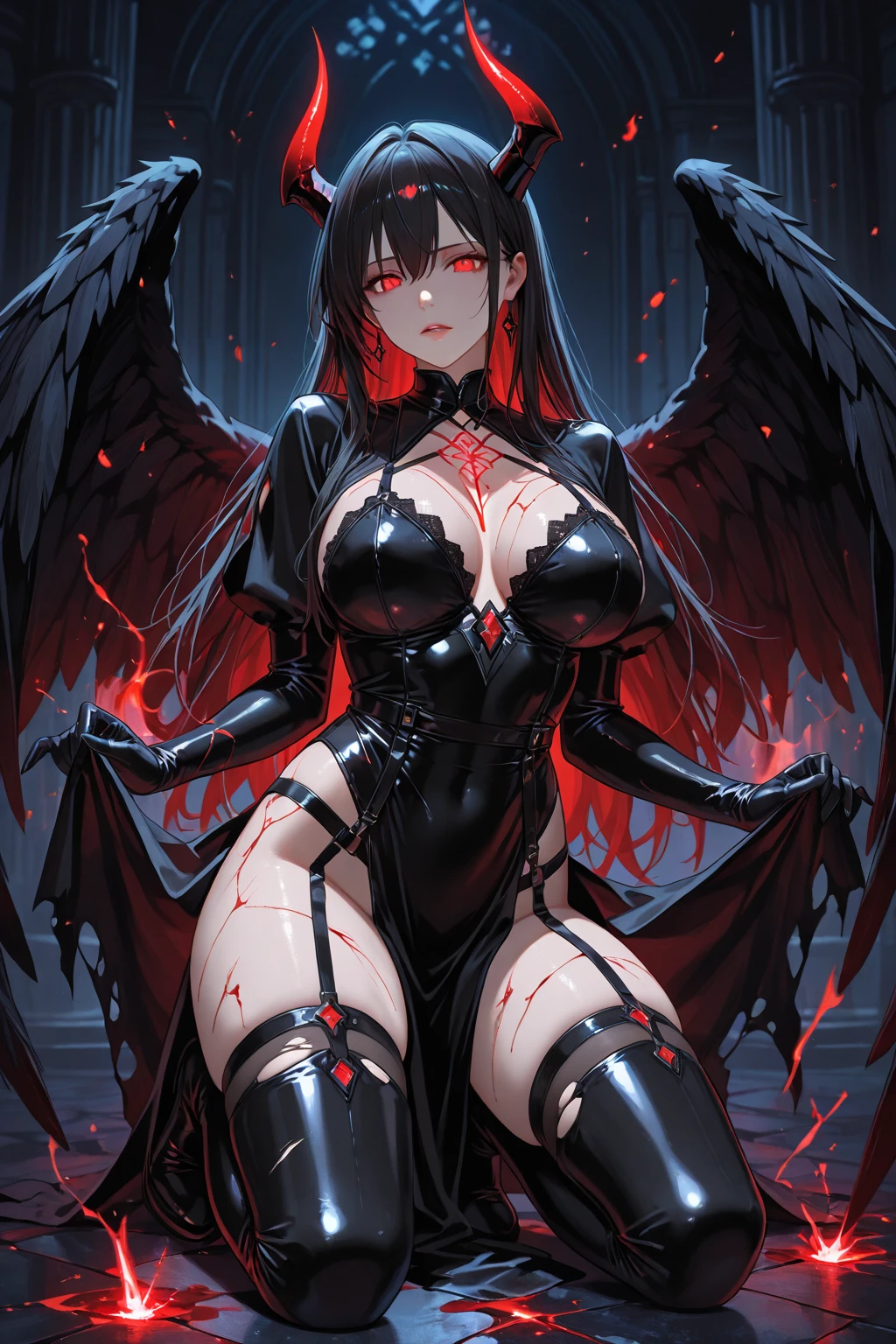 Grey skin, blood halo, angel, rare, cursed maiden, Angelic armor, beautiful woman, long silver hair, red glowing eyes, grey skin, black wings, palace ruins,