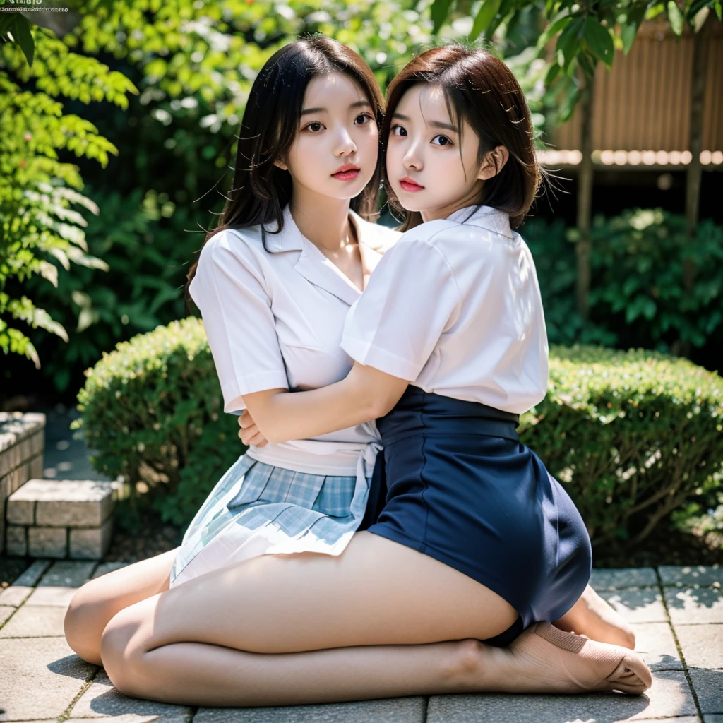 ulzzang-6500-v1.1, (top quality, masterpiece), (raw photo: 1.2), (photorealistic: 1.4), highest quality, master, very tasty and beautiful, highly detailed CG, 8k wallpaper, amazing fine details, master masterpiece, official art, huge file size, high resolution, (((2 girls kiss)), ( snugly next to each other without separation between characters), (there is no break in one piece), Japan under 18 years old, Nogizaka girl, (representation of the human body based on precise anatomy), intricate details, Japan schoolgirl uniform, (neat white plain blouse of smooth sheer fabric with ribbon tie), ( Ultra Mini Navy Blue Tartan Check Pleated Skirt), (Everyone is wearing the same clothes), (Tightly dressed), The clothes are smooth and contractive, (Less exposed upper body), (White panties), ((fastens all buttons of the blouse)), Blonde, (Skinny),(Very large breasts))), (Women with very large breasts), (Very spread breasts), ( (cramped clothes)), (no bra), (only the area shows through the skin tone)), (black areola), (small prickles), (big buttocks), (thin thighs), very beautiful eyes, bright ultramarine eyes, (detailed pupils reflecting light), (the iris of the eye is painted in detail with a fine radial pattern), (the expression of the whites of the eyes is a little dark), (the upper 30% of the eyes are shadowed), Double eye lids, (eyes and mouth half-open and sleepy expression), no makeup, snug, no makeup, (nose very low and wide), Natural eyebrows, realistic shading assuming a light source, cute girl and beauty, (whitening skin), baby face, smile, long hair half braid, (((backward pose)), ((looking back from the back)),((showing off the buttocks)),(looking straight back and not looking at us)),cuddling, Cheeks together,Arms crossed like lovers,Looking at the other person, Picking at the of clothes, Frame-in from thighs up, Beautiful garden with flowers, dark clear soft sunlight,