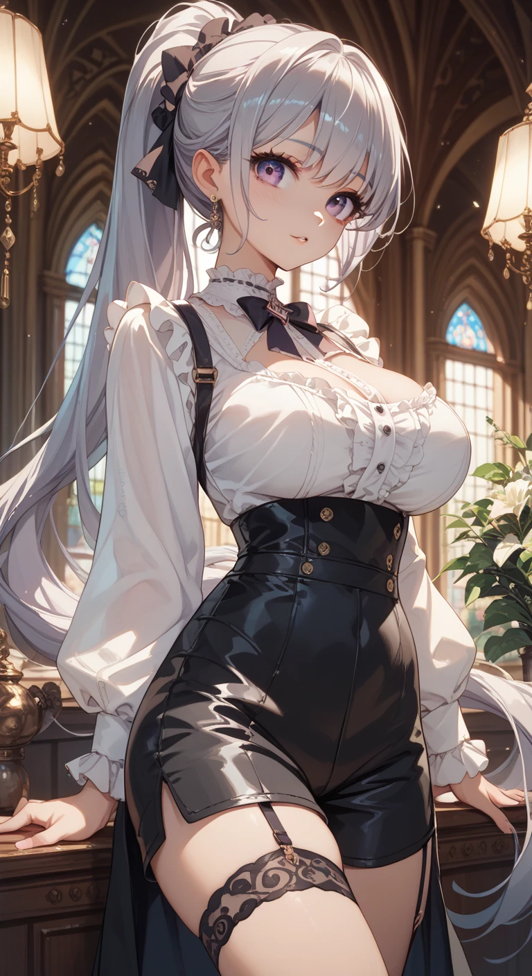 (((masterpiece))), best quality, 1girl, ((pantyhose)), silver hair, red eyes, park in the night with fountains background, looking at viewer, smile, busty, highly detailed face,highly detailed eyes, sitting, hi resolution,4k, mature, , blushing, excited, upskirt, milf, miniskirt, corset, erect nipples