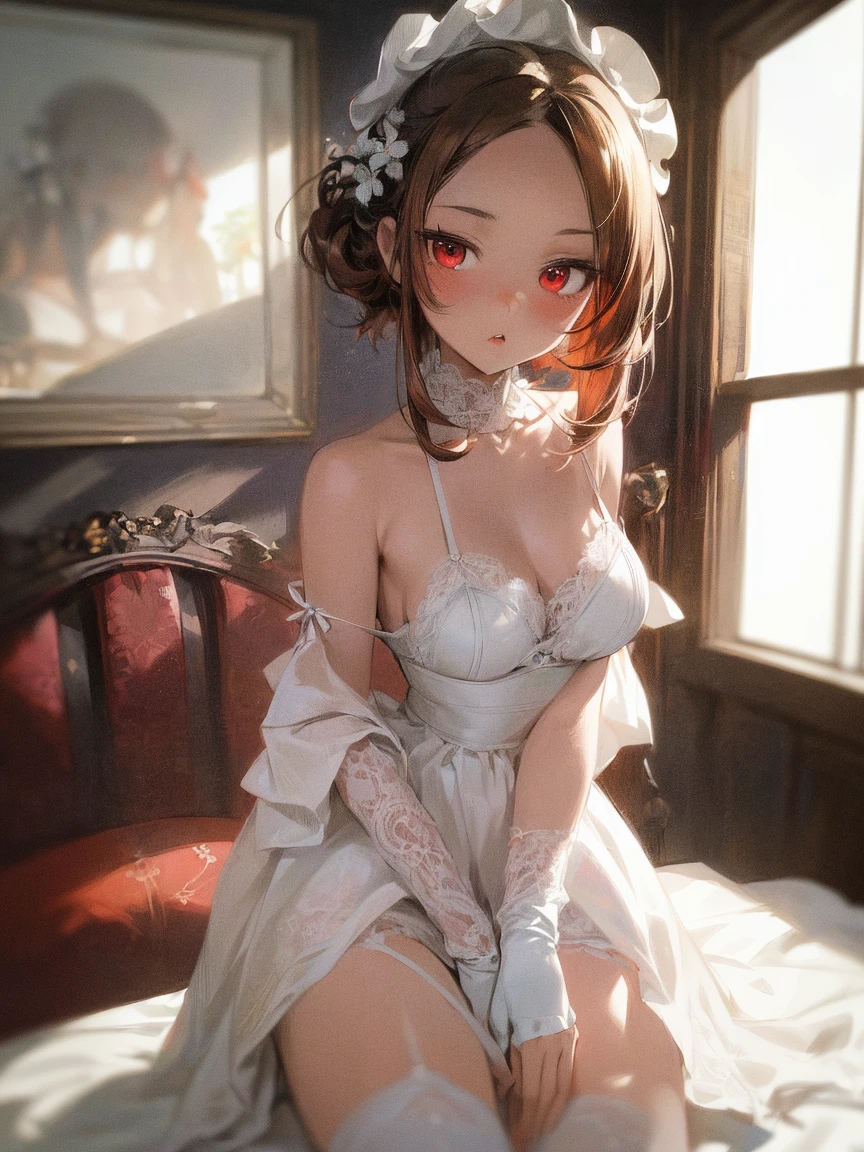 Small breasts,Natural light, masterpiece, Very detailedな,Absurd,Highest quality,Very detailed,Detailed face,Particles of light, Lighting, (Very detailed:1.2),(Detailed face:1.2), (Gradation), software, colorful,(Beautiful Eyes:1.2),Anna of Arendelle,Castle Bedroom,Lace bra with ribbon,((Girdle Panties)), (Spread your legs,),Sleep on your back,View your viewers,Photo taken from directly above,Age 25,Close-up shots capture the intricate details of her panties and bra.