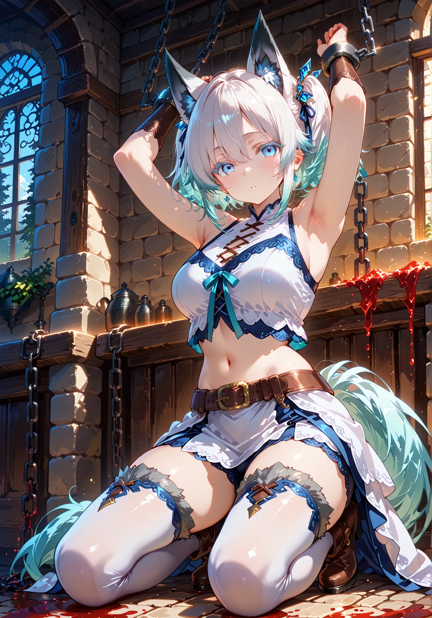 (masterpiece:1.2), (highest quality:1.2), perfect eyes, perfect face, perfect lighting, middle ages, room, 1girl,　aqua eye, ((((((hair over one eye,)))))), Braidスタイル, spike hair, dull bangs, black_bob hair, Braid, Ahoge, robe ((((Transparent white bikini armor)))), Thighhighs, cute eyes, Medium chest, bright, (open_legs:1.3), open your mouth, vivid description,orgasm, I was scared, (abs:0.6) Ahegao, smile+Happy, tooth, anger, sitting,creining,apart_legs,wolf_ears,fang,wolf_tail,crotch,groin,rise_knee