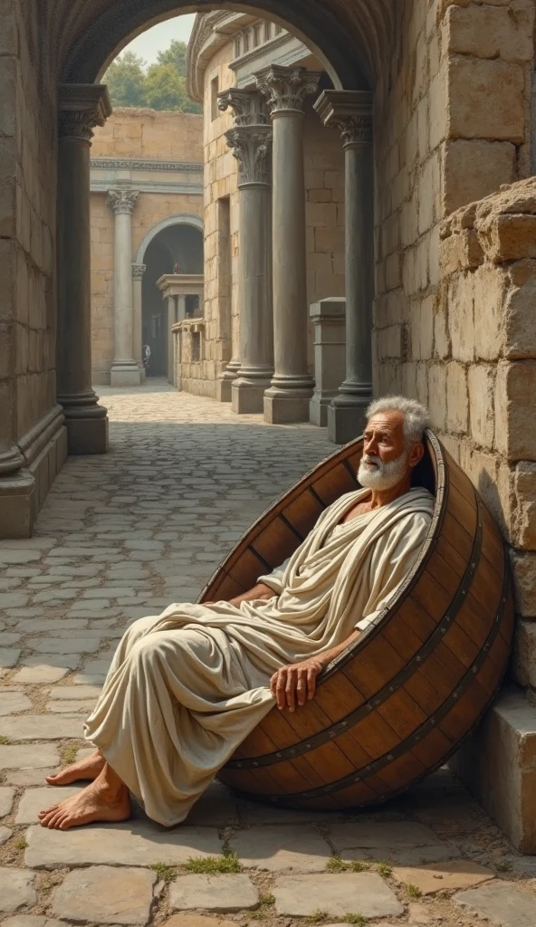 Front view , Full-body, looking at viewer, maybe BC 4 century ,sole, philosopher, Greek man, in big wooden barrel , lying barrel , in an ancient Greek city, 70 years-old, handsome,( wave perm , white hair , Serious, ), normal body, ((An ancient Greek traditional rag cloths, White crock)), noon ,(Textured skin , HI Detail Skin, (Shorthand, Canon, 8k, Anatomically correct, Super Detail, Attention to detail, Your Highness)