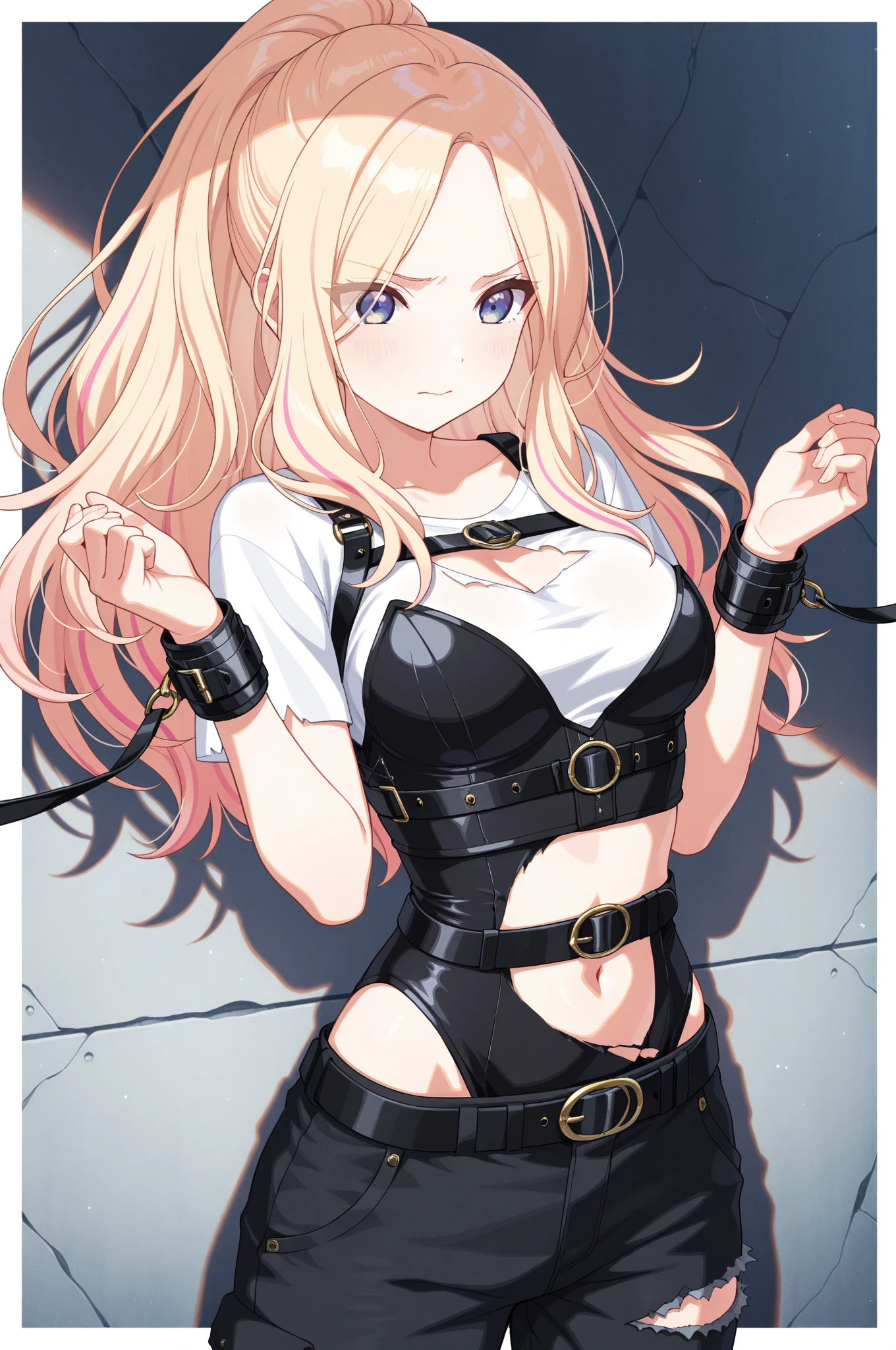 (((Sketch))), ((water colour)), Long blonde hair, Straight hair, hair between eyes, ((Red eyes, gleaming eye)), Large chest, (Large hips), Bare shoulders, pervert smirk, Short sleeves, ((torn sleeves)), ((ripped crop top)), ((torn thighhighs)),(((Pelvic curtain))), cuff, chain, shackle, Handcuffs, Chained, bound wrists, Cutout, ((Choker with chains)), (((slave tattoo))), Torn clothes, Lips,