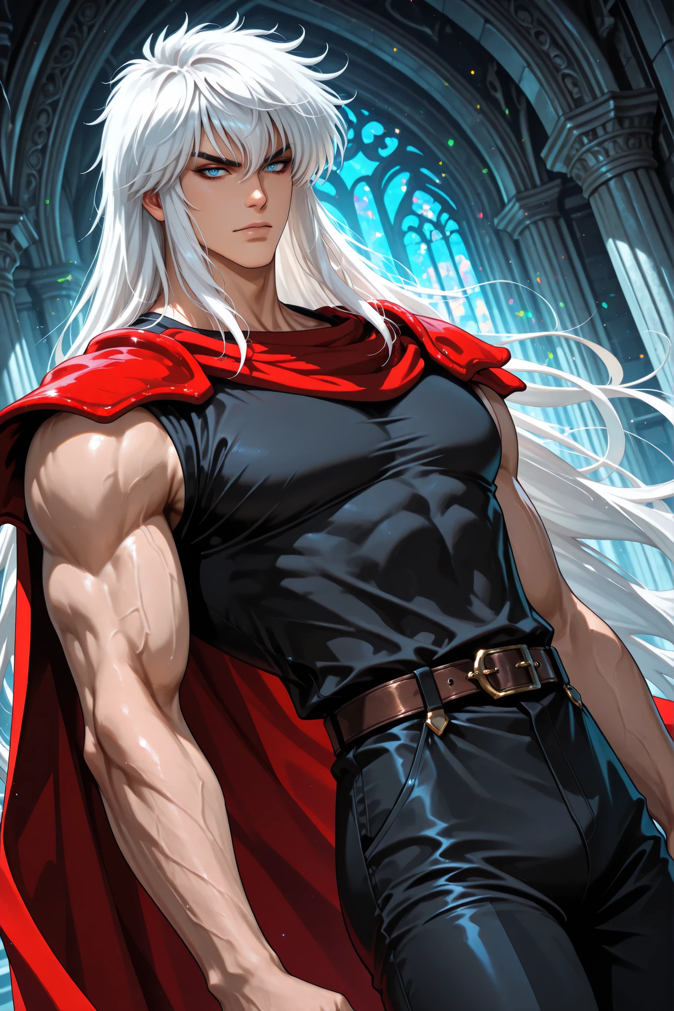 adult male,(Dark Schneider/Bastard!),handsome, tall, finely detailed eyes and detailed face, dutch angle, ((very long white hair)), blue eyes, more details, looking at the viewer, light skin, detailed textures, masculine, black muscle shirt, black pants, belt, red cape, spaulders,, ,masterpiece, best quality, ultra detailed, 8k unity wallpapers, ray tracing, illustration, colorful, cinematic shadow, extremely detailed background, fantasy character, dnd,bishounen,tsurime