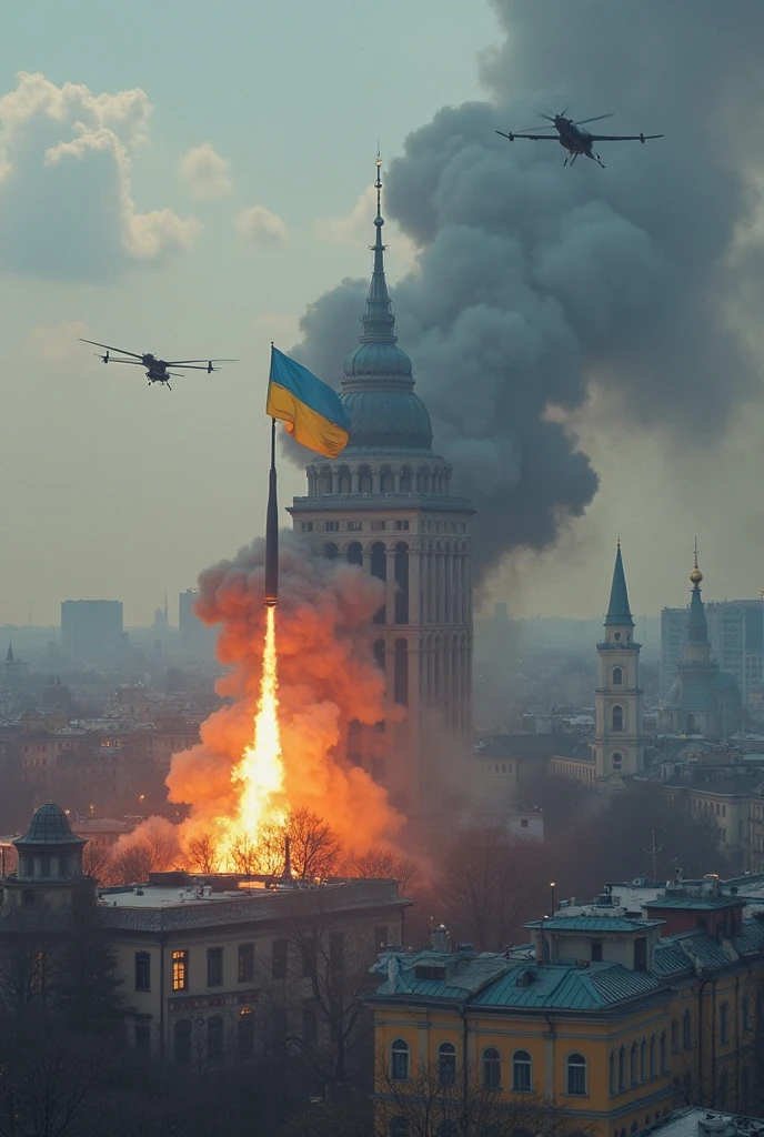 <lora:Smoke_XL:1>, middle shot, modern Ukrainian bombed out city with churches, helicopters overhead,  in the form of smoke_xl