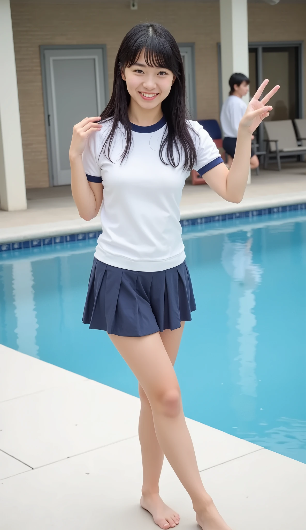 A realistic Japanese female high school student standing by the school pool、cute face、is smiling、Long Black Hair、summer sailor suit、miniskirt、Barefoot、full body view