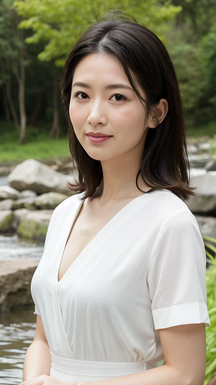(in 8K, best quality, masterpiece: 1.2), (realistic, Photorealistic: 1.37), very detailed, Natural sunlight, Small breasts, I can see cleavage, 1 person, 40 year old woman, Dark hair, Pendant, Wine Color Light Knit V-Neck Shirt, highly detailed face and skin, highly detailed eyes, highly detailed face and skin, mountain background at night