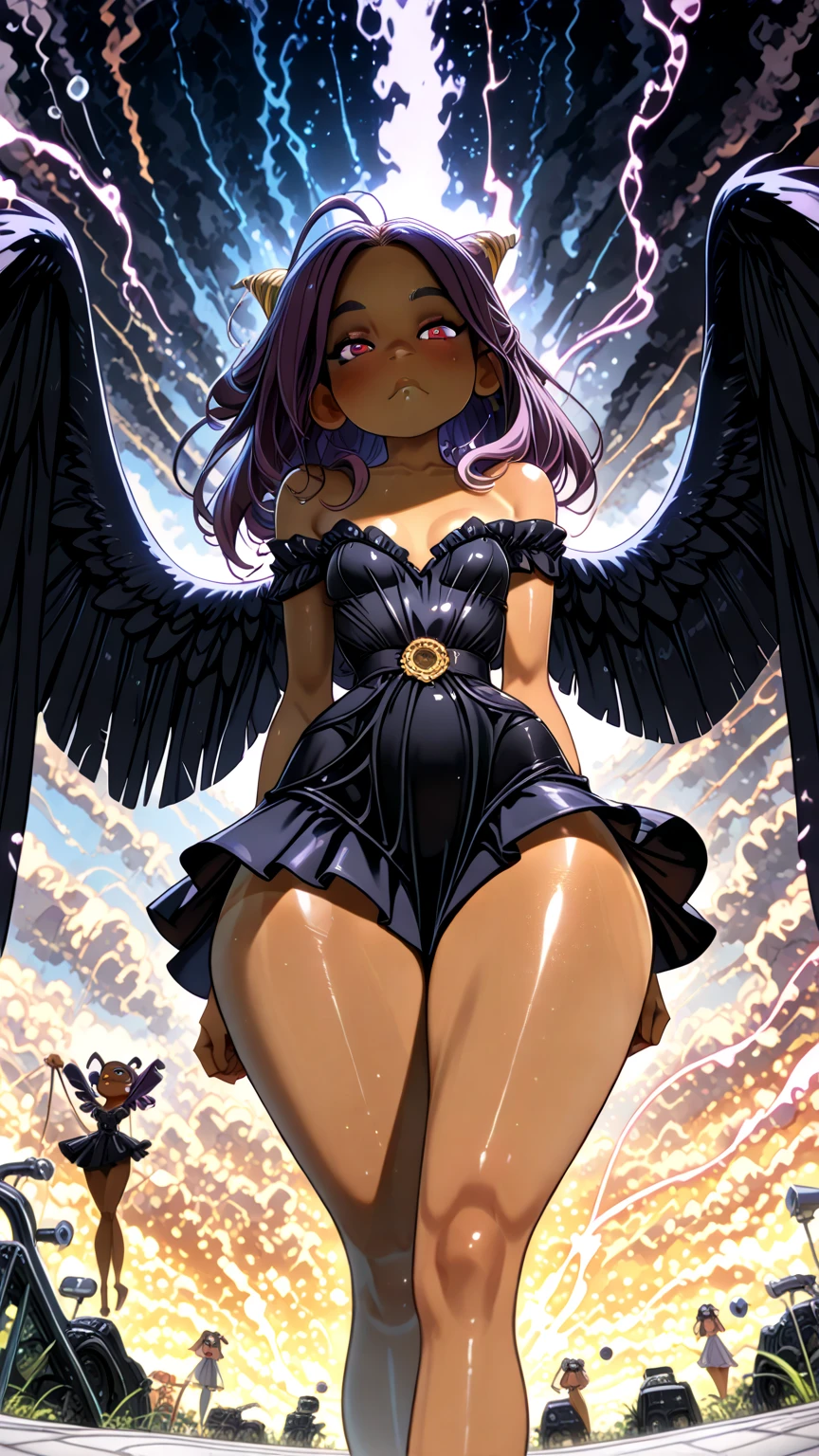 rear shot tilt head Flying black female angel with huge wings wearing baggy saggy urban clothing nike sneakers and dreadlock hair low crouch dip crowning low twerking flex her theighs glutes