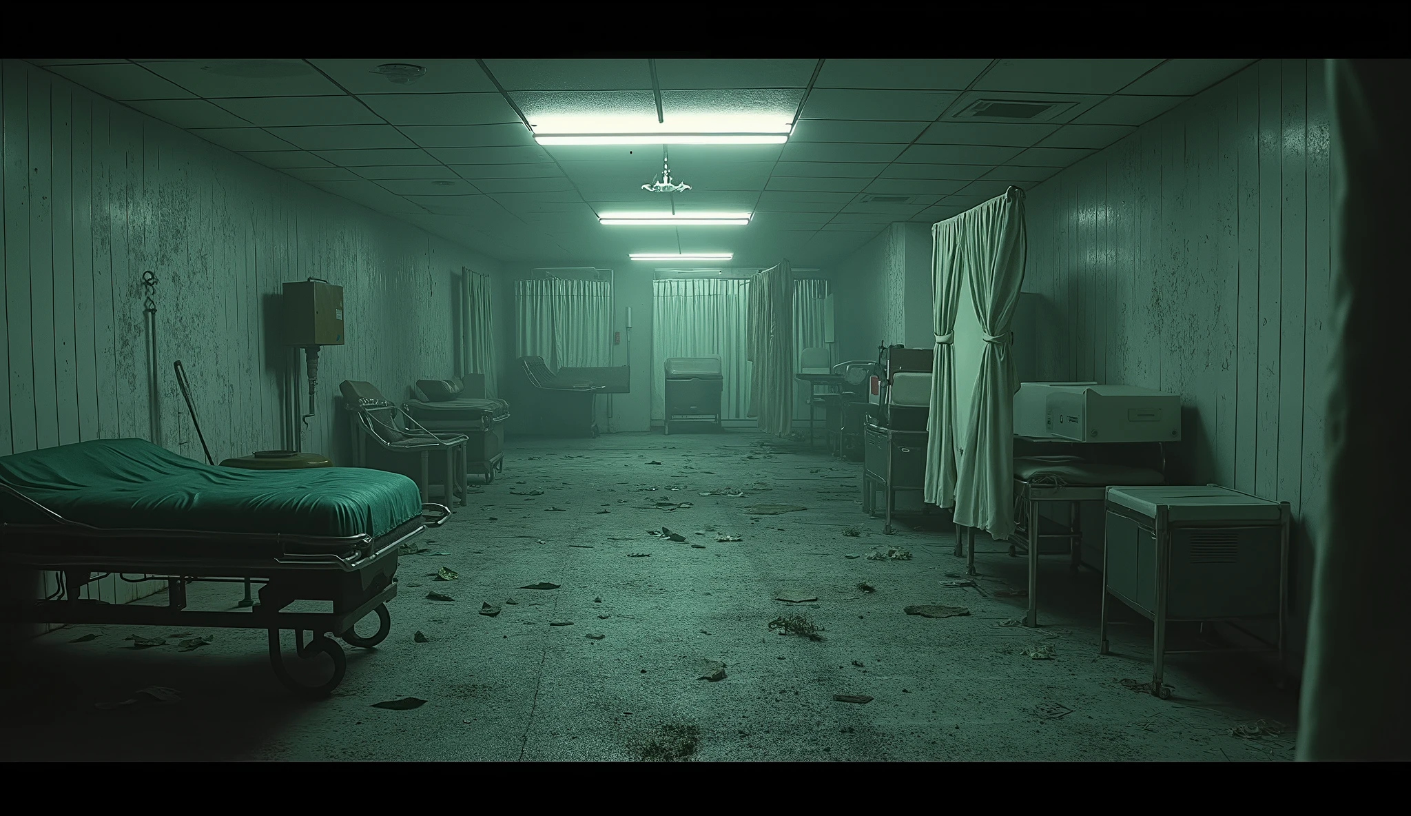 Abandoned hospital emergency room, dark, unreal, liminal, creepy, high detail, masterpiece.