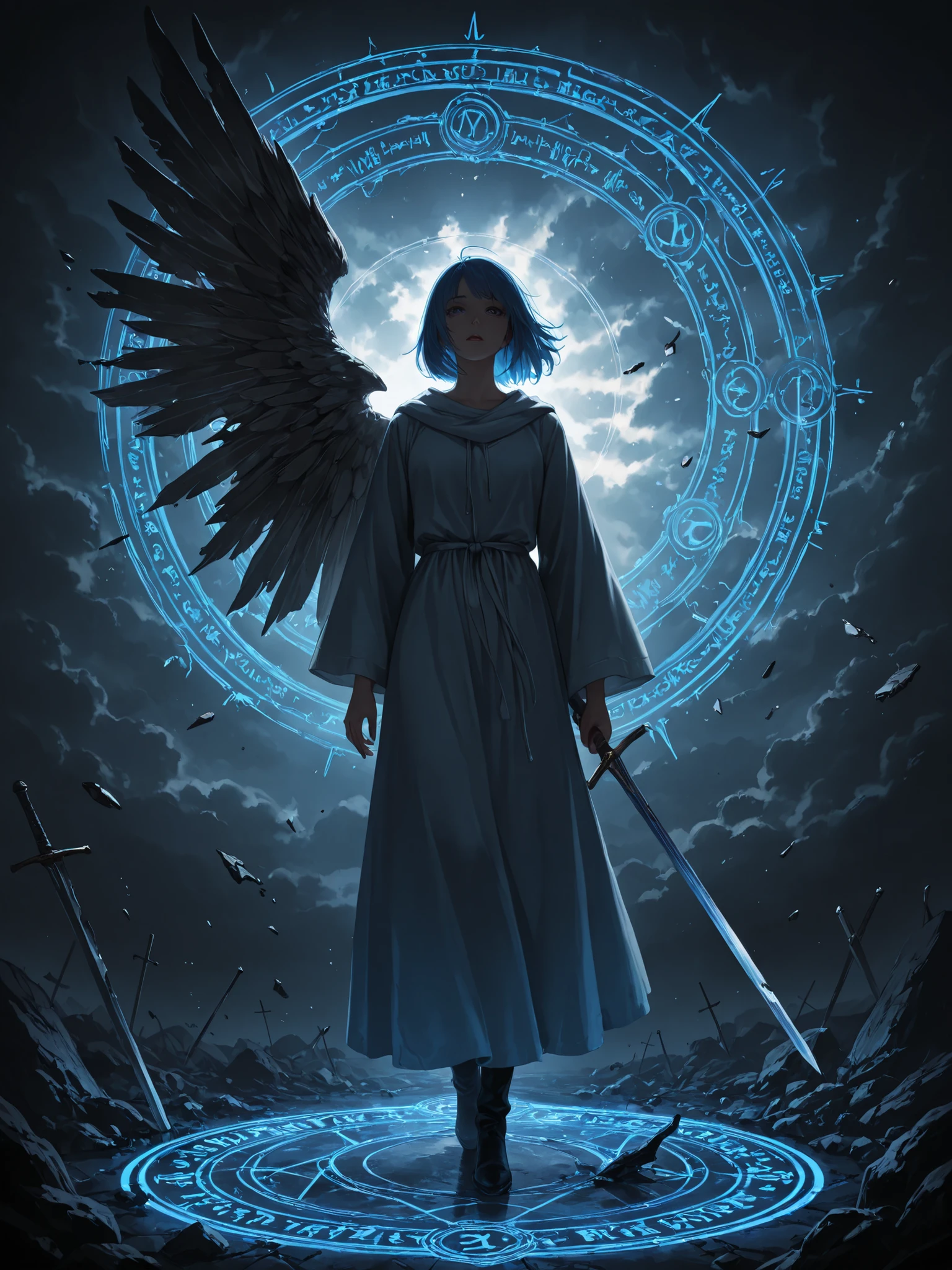 angel with a broken wing, falling from the sky, Fallen Angel , glass wings , one wing is cracked and collapsing, blue hair, angel robe , broken wing, cloudy atmosphere, fantastic, portrait, highly detailed, facial detail, eye detailing, digital art, professional, realistic, UHD, deep lighting, Complex colors , disturbing emotional atmosphere, creepy atmosphere, falling from a height, full body view, wounded with a sword, broken wing в крови, anime style , shot excise, magic blue circle, explosion