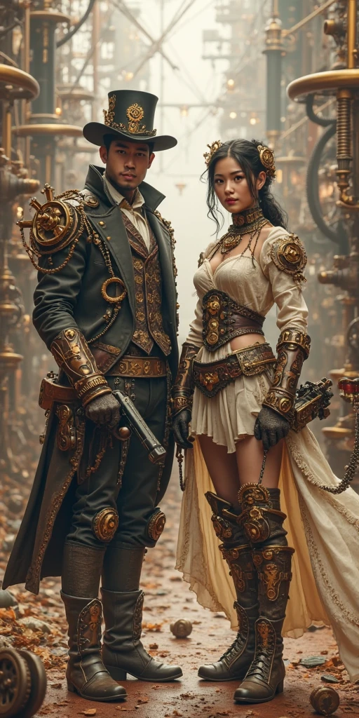 a sexy woman in a steampunk uniform crosses a semi-destroyed gothic village, together with her there are two surreal steampunk characters, some surreal animals can be glimpsed among the rubble