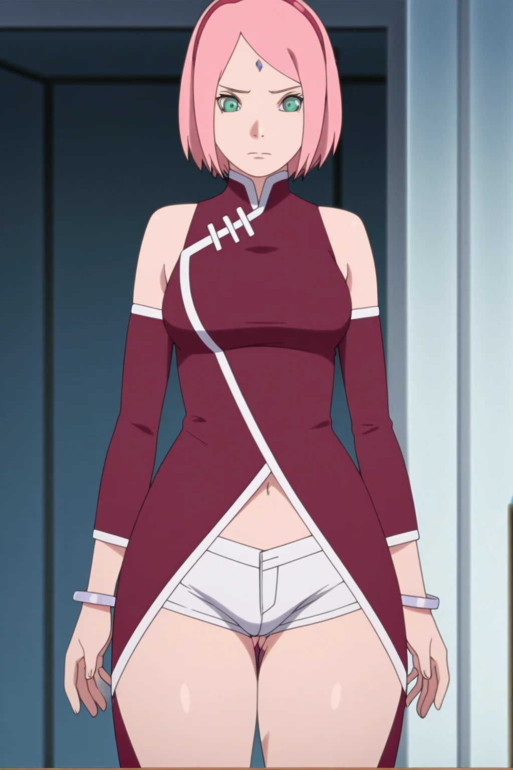 Woman zakura haruno wearing sexy christmas clothes pink hair green eyes small breasts slim legs blushing perfect face detailed eyes detailed voice anime style image style