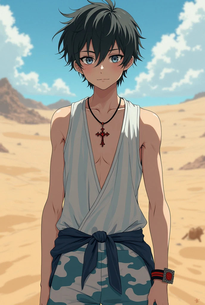 Highres, Masterpiece, Best quality at best,Best Quality,hight quality, hight detailed, 1boy, Boy, Solo, Brown hair, Dark skin, Earring, Shota, Arabic, arab, keffiyeh, model, turban, Silver necklace, Navel piercing, Gloves, Desert, day, Shirtless, Topless, Bare chest, Slim body, smile, sweat, Simple beckground, Seen from the front, Look at viewer, Upper body, Depth of field, Carrying a sword, (very small and short stature), (very young boy), 12-year-old boys, Blurry beckground