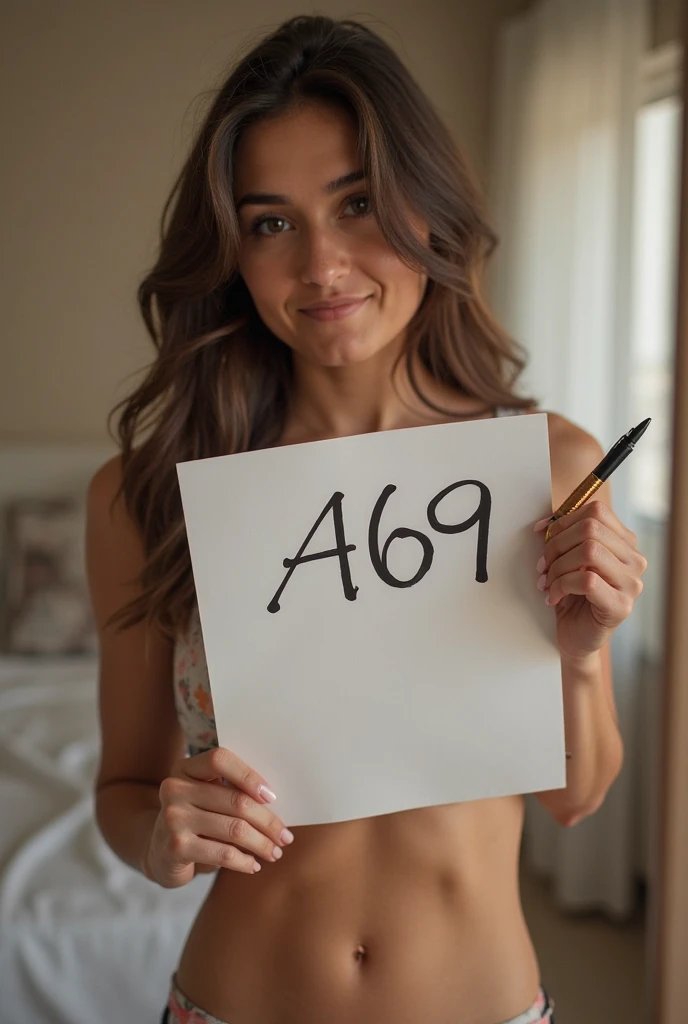 Une femme assis sur un lit d'hôtel, la femme est en lingerie rouge. Elle est positionné sur les genoux et elle regarde l’objectif avec un petit air coquin. Elle tient dans ça main une pencarte où il est noté à la main avec feutre bleu « Lille 24/08/2024 »