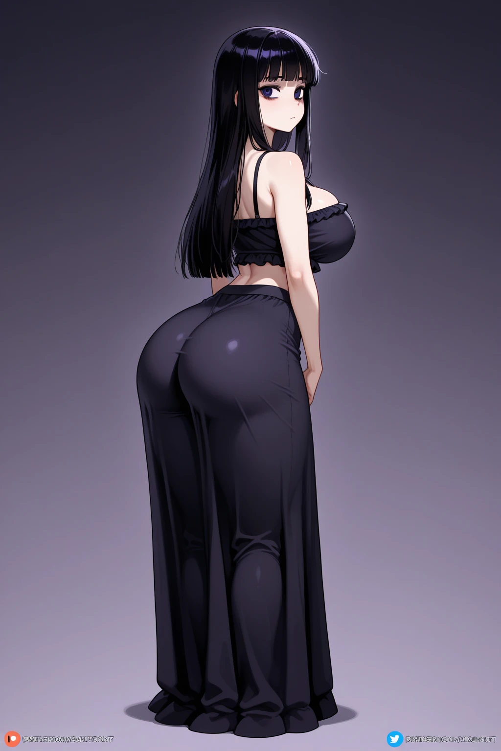Girl with long black hair tied in a ponytail wearing an elegant and sexy dress in black gold and red that highlights her curves, big tits and big ass