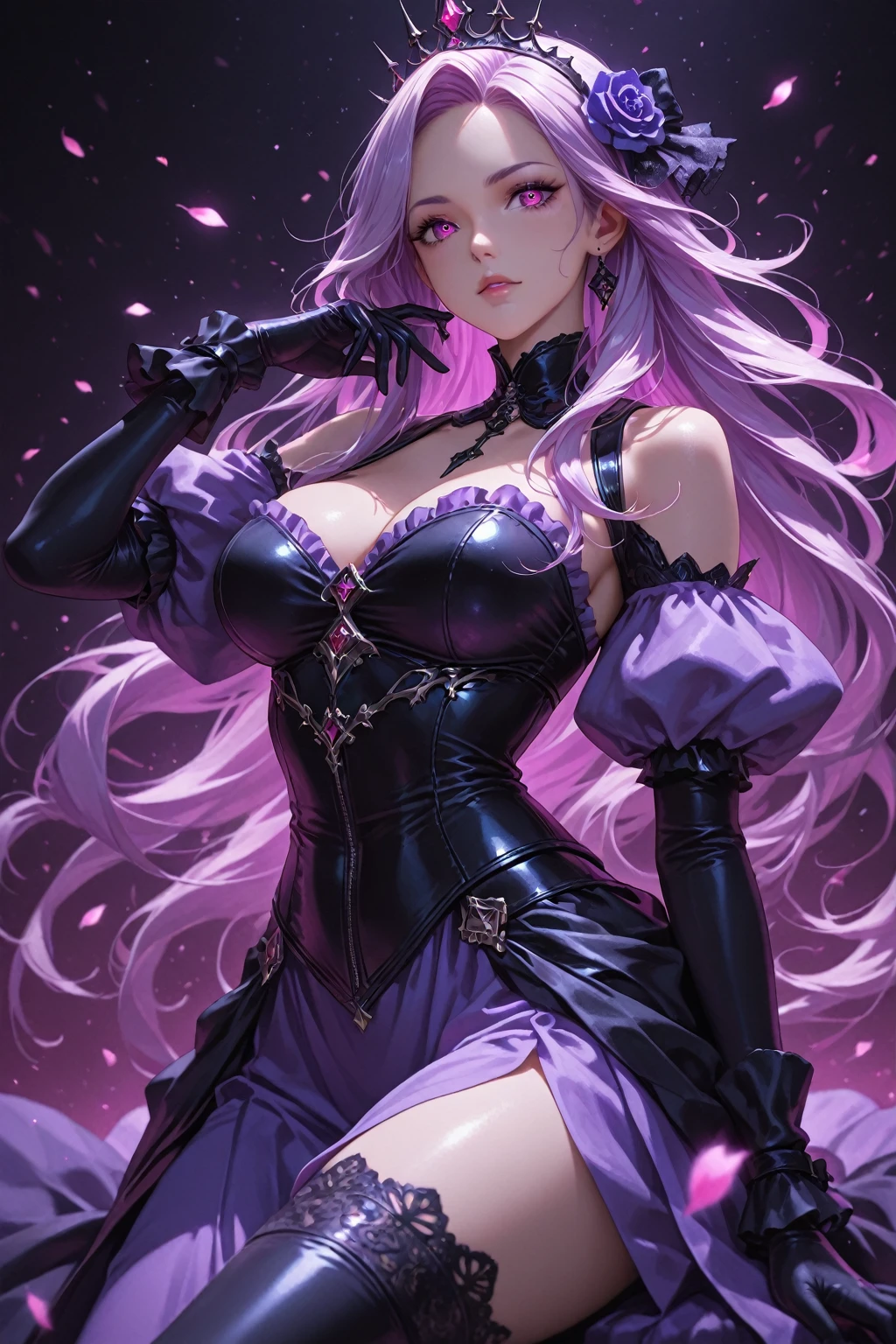 (Highest quality detail)、Realistic、8k Ultra HD、High resolution、(One Woman),(Fatal Beauty,attractive) ,(Glasses、Mysterious charm:1.1),(Big Breasts、Attractive silhouette),Ultra-detailed、High quality textures、Intricate details、Highly detailed CG、High quality shadows、Beautiful and delicate face、Beautiful and delicate eyes、Written boundary depth、Ray Tracing、20th Generation、Cute K-Pop Girls、(The Face of Ulzan in Korea)、Thin face、(URZAN-6500-v1.1:0.6)、PurerosFace_v1、Glowing Eyes、Perfect body、 Viewer Display、(Highest quality detail:1.2)、8k Ultra HD、Close-up of a woman, Realistic rendering, attractive, Real Girls, Gurwitz, role play, Realistic 3D style, 8K Portrait Rendering,(truth,truth:1.4),(Sparkling eyes girl:1.2)、cheek、Glossy Lips、Best image quality, 8k Ultra HD Full Color RAW Photos, Fujifilm(Medium format), hasselblad, Carl Zeiss, Incredible dynamic range photography(utility_art:Smooth-768:1.1),High resolution, High pixel count, Clear details, Clear images, Natural color reproduction, Noise Reduction, High fidelity, quality, Software Improvements, Upscaling, Optimized Algorithms, Professional-level retouching, 強力なスーパーevil femaleがクローズアップでポーズをとる, Black Goddess 、(Expose your shoulders), Flowing purple hair, View your audience, Highly detailed face, Blue smoke swirling around her, Love evil things, Captivating blue eyes, Dark fantasy, Esoteric arachnids lady, Spider Queen, Esoteric arachnids, Combat Stance, Sharp fangs, nature, ((Complex metallic colors in the foreground)), (( Fluid Mechanics, The most beautiful smooth scale face makeup, Smirking expression)) 、Dark blood, Onyxia、Beautiful young witch, purple hair, dark purple lips, evil, evil female, smile, Black Prom Dress, She is coming to you, Bright Blue Eyes, Surrounded by swirling pink smoke, Blood Chain, Behemoth Bones, Snake-like tentacles, Cruel Teeth, Expressions of madness, Oppressive Dungeon、 Grotesque shadows dance, The creature whispers, Stifling atmosphere, Vision problems, Visible Madness. Blade, A flash of evil intent shines, reflect (Light) Beyond the Darkness,