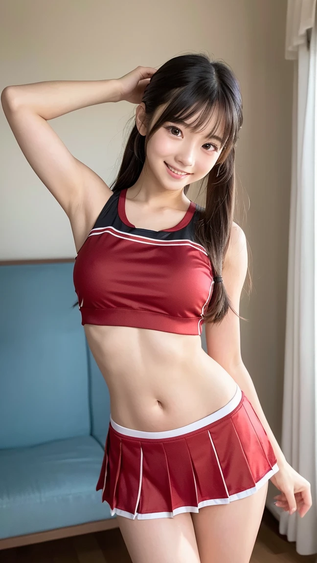 Flying debris, Highest quality, shape, Very detailed, finely, High resolution, 8k wallpaper, Perfect dynamic composition, finelyてBeautiful Eyes,Medium Hair,Small breasts Natural color Lips, Bold sexy pose,smile,Harajuku、20-year-old girl、cute、sexy shot looking at camera、Black hair ponytail , whole body((Realistic lighting, Highest quality, 8k, masterpiece: 1.3)), Clear focus: 1.2, 1 girl, Perfect shape: 1.4,(Cheerleader:1.3),(Outdoor:1.5),(Look under your armpits:1.5),(Stadium:1.1),(Cheer Dance:1.3) Very beautiful face, Beautiful Eyes, double eyelid,smile,(Your cheeks are red:1.3),(No nipples:1.2)