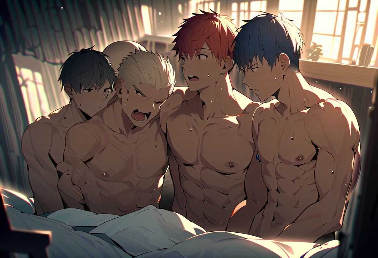 Boys of different skin tones and hair colors, they are baseball players. They are in the locker room changing. Some of them are already naked. There is a bench right in the center where two boys are sitting and kissing. One of the boys has his baseball uniform open and the other is only in his underwear. One of the boys is licking his foot. There is a very large board next to the lockers with the words &quot;baseball team sex night&quot; written on it. The image has to be in anime shota plus 18.