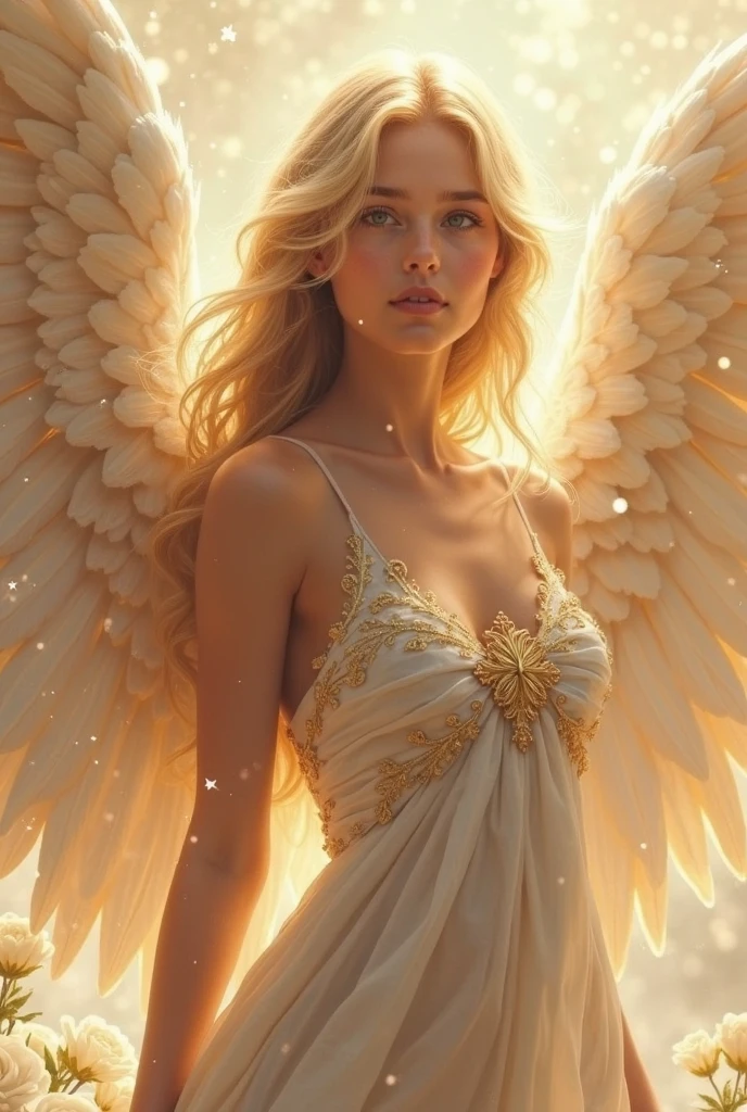 Full body image of an angel with curly hair wearing a white linen tunic with gold, short hair, wavy hair, UHD, best quality