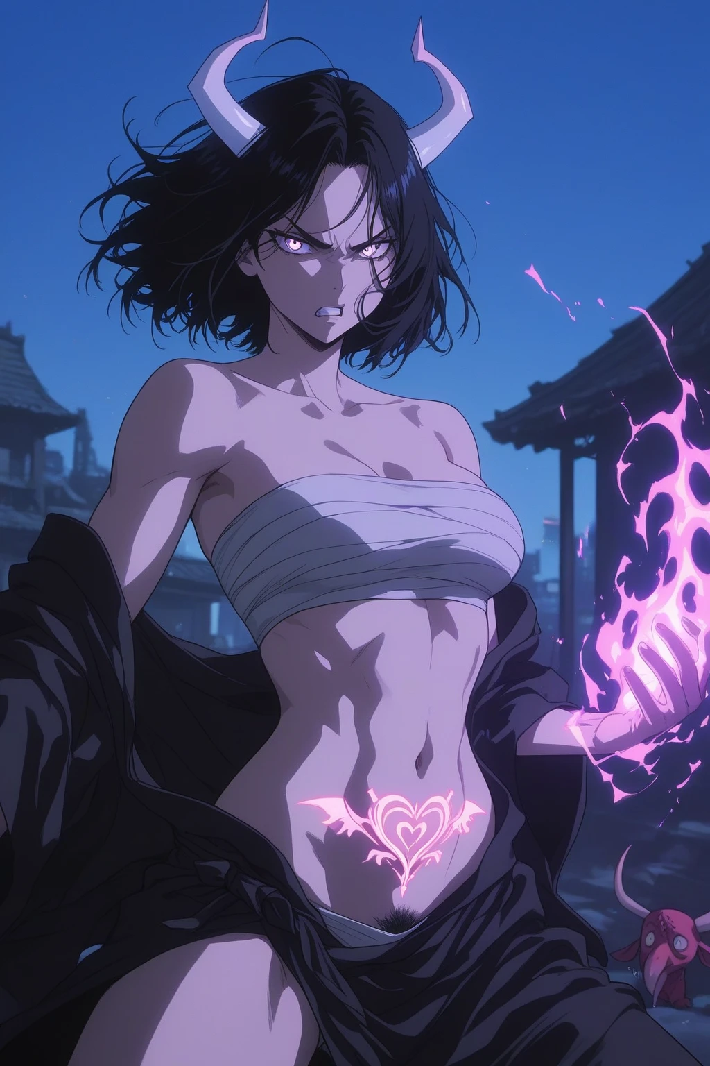Illustration, Rukia Kuchiki, Bleach, anime girl, short black hair (spiky, and with a few loose strands), determined expression (with a hint of intensity), Shinigami uniform (detailed, intricate, and worn), large breasts (32B, firm, and perky), athletic build (lean, and with a subtle six-pack), smooth skin (porcelain-like complexion, with a subtle sheen), toned arms (muscular, and with a few scars), intricate details (dainty fingers, with a few scratches), dynamic pose (leaping forward, with her Zanpakuto deployed), dramatic lighting (high-contrast, with a cool glow), 4k, high resolution, ultra high resolution, intricate detail, detailed texture, intense atmosphere, solo character, single figure