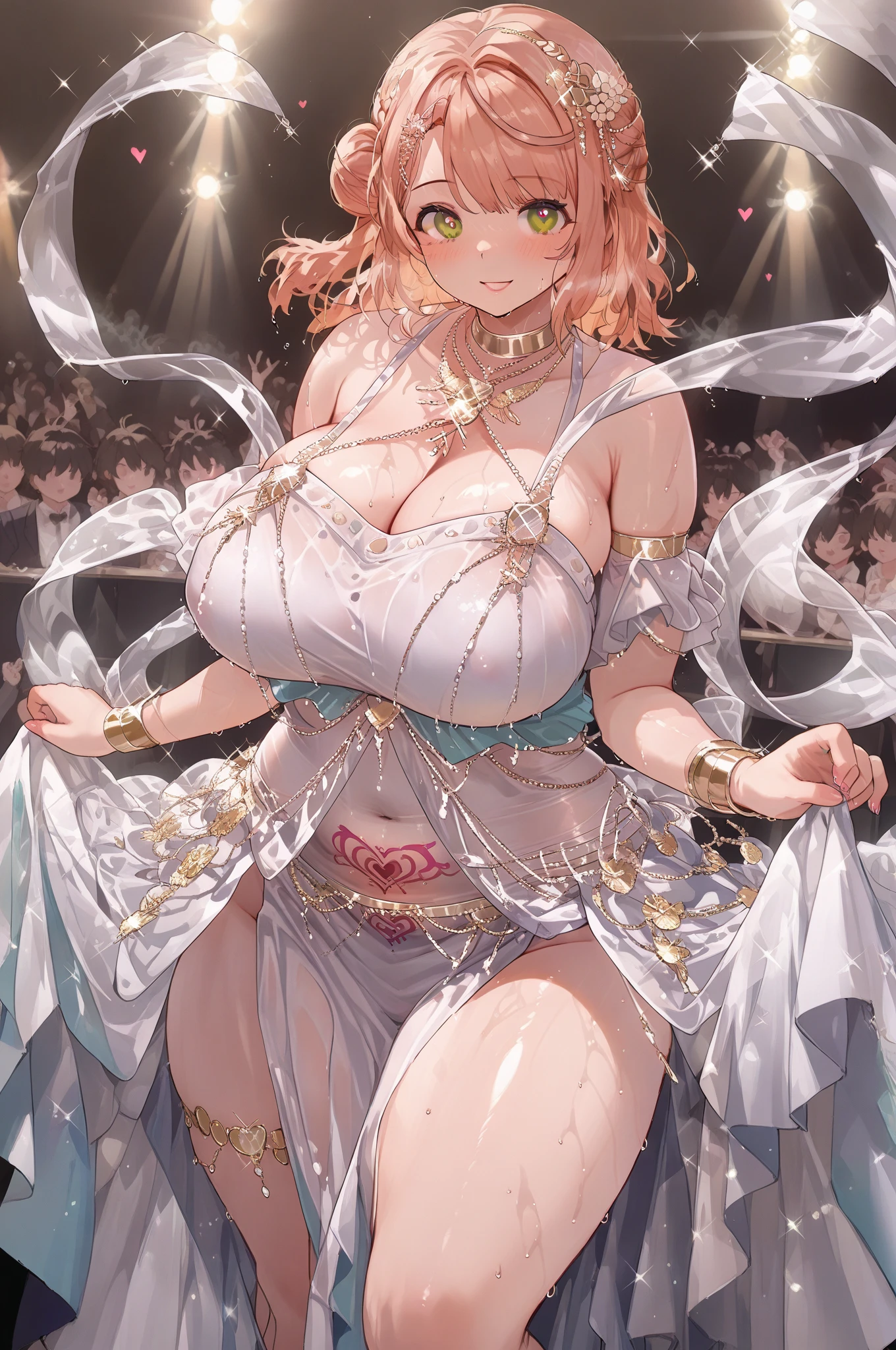 Highest quality, 8k, (One Girl:1.3, Full body portrait),(((Big Breasts:1.1))), (Colorful illustration:1.4), (masterpiece, Highest quality, Official Art), ((Very delicate and beautiful)), ((Gorgeous dancing girl costume、Gold embroidery, Face Veil, See-through harem pants)), ((Smiling dancing girl)), ((Spotlight, Confetti)), (((Fantasy World, Male crowd in the background:1.3, Watching the dancers))), (Sweat flying), (Sexy and dynamic dance), Tavern, (Shining jewels on the waist and chest, bracelet, Decorative collar), ((Twin tails))
