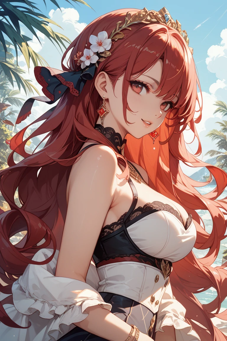 1 woman, red hair, yellow eyes, big, black bikini, beach background, brown skin, hands on chest
