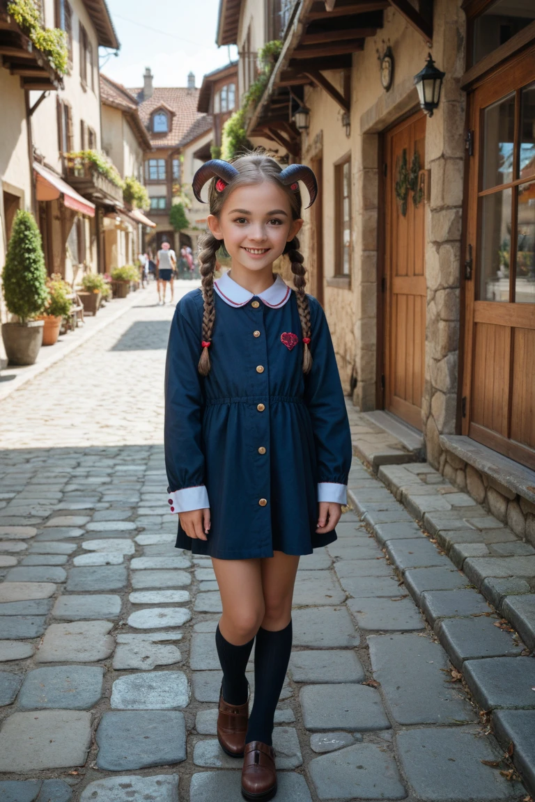 Full body view of a 4 year old Russian girl with dark skin brown hair that is tied into cute pigtails and sapphire blue eyes wearing pink clothes with lots of pockets on the streets of Moscow Russia