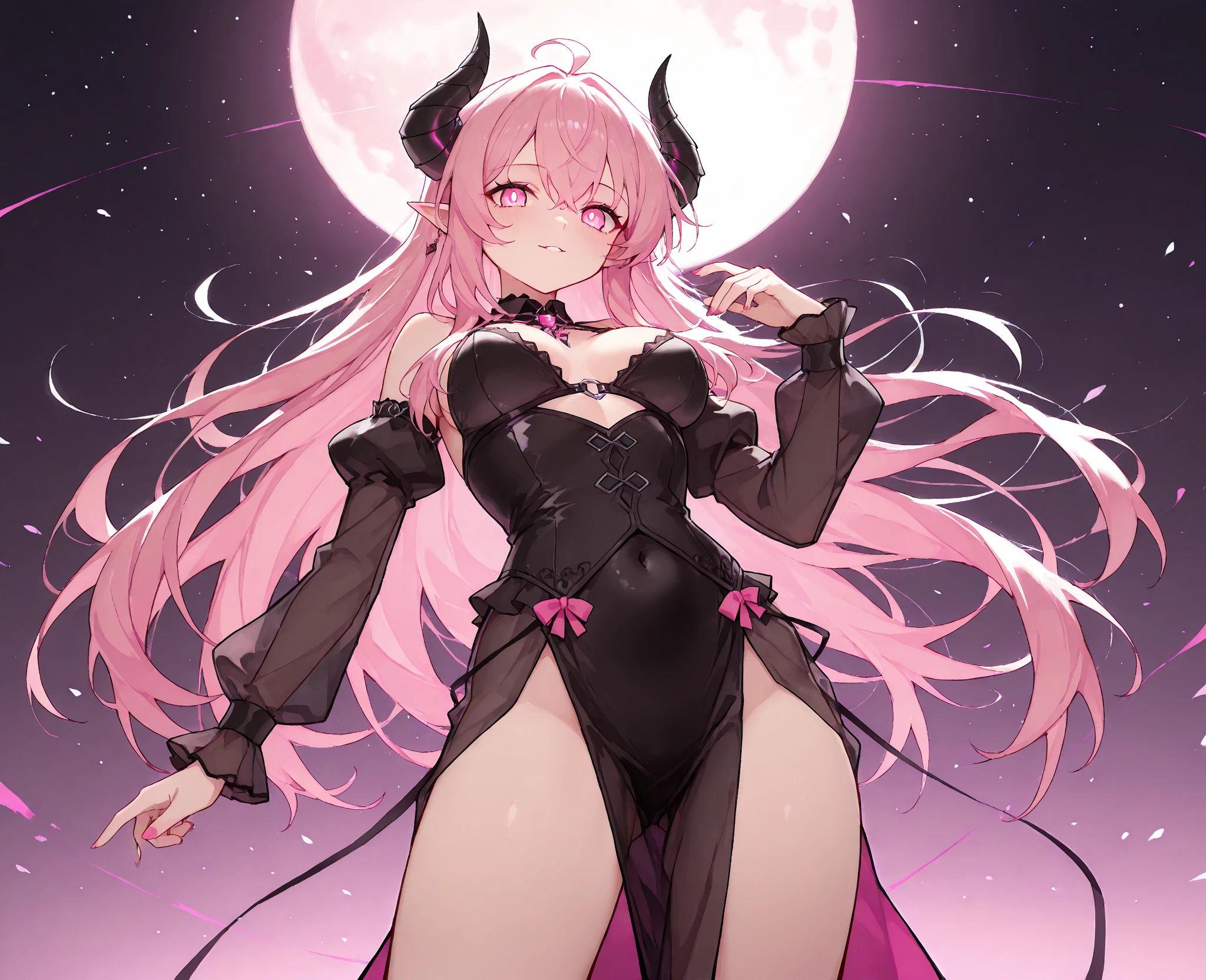 masterpiece, highest quality, be familiar with, 1 girl, alone, night sky, outdoor, full moon, performer, cloud, night,, dark sakura, (black dress), long hair, evil smile, red ribbon, striped, thighs big breasts succubus 左右対象のsuccubusの羽