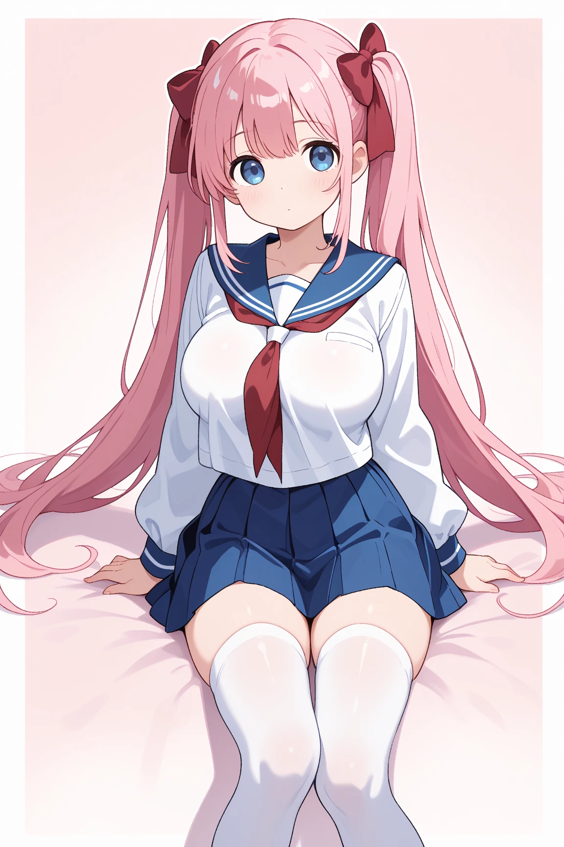 (masterpiece、Highest quality、Super detailed)、((One girl))、((Pink Hair))、((Twin tails))、((Light blue eyes))、blush、((tears))、((Open Mouth))、((lots of piercings))、((Very large breasts))、((serafuku))、((Navy blue pleated skirt))、((white socks))、((stripe panties))、((knees up))、((open legs:1.5))、On the bed、Bedroom Background