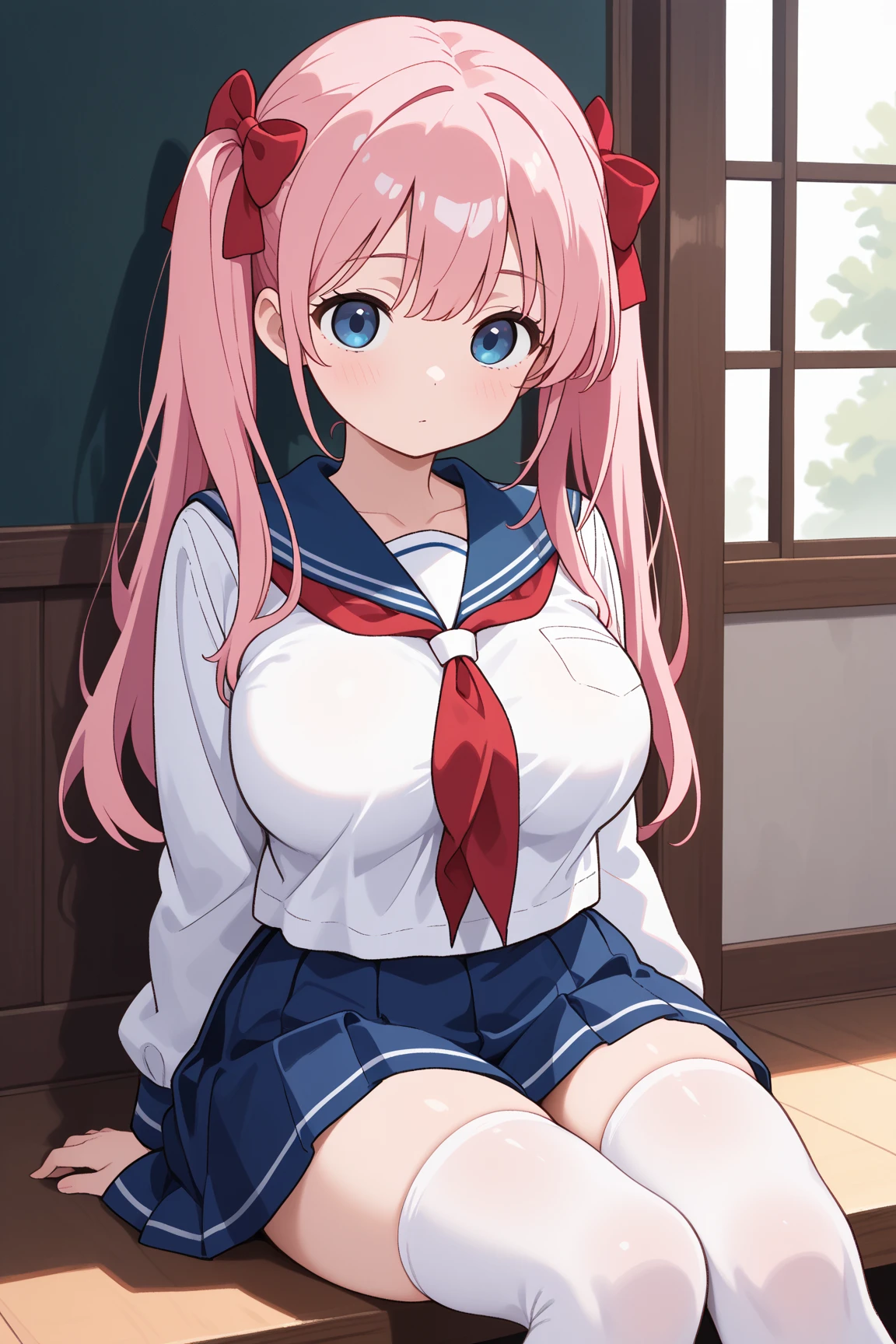 ((masterpiece、Highest quality、Super detailed)、((One girl))、((Pink Hair))、((Twin tails))、((Light blue eyes))、evil smile、((Open Mouth))、((lots of piercings))、((Very large breasts))、((serafuku))、((Navy blue pleated skirt))、((micro miniskirt))、whitesocks、On all fours、Shoot from behind、Pretend、Gym storeroom