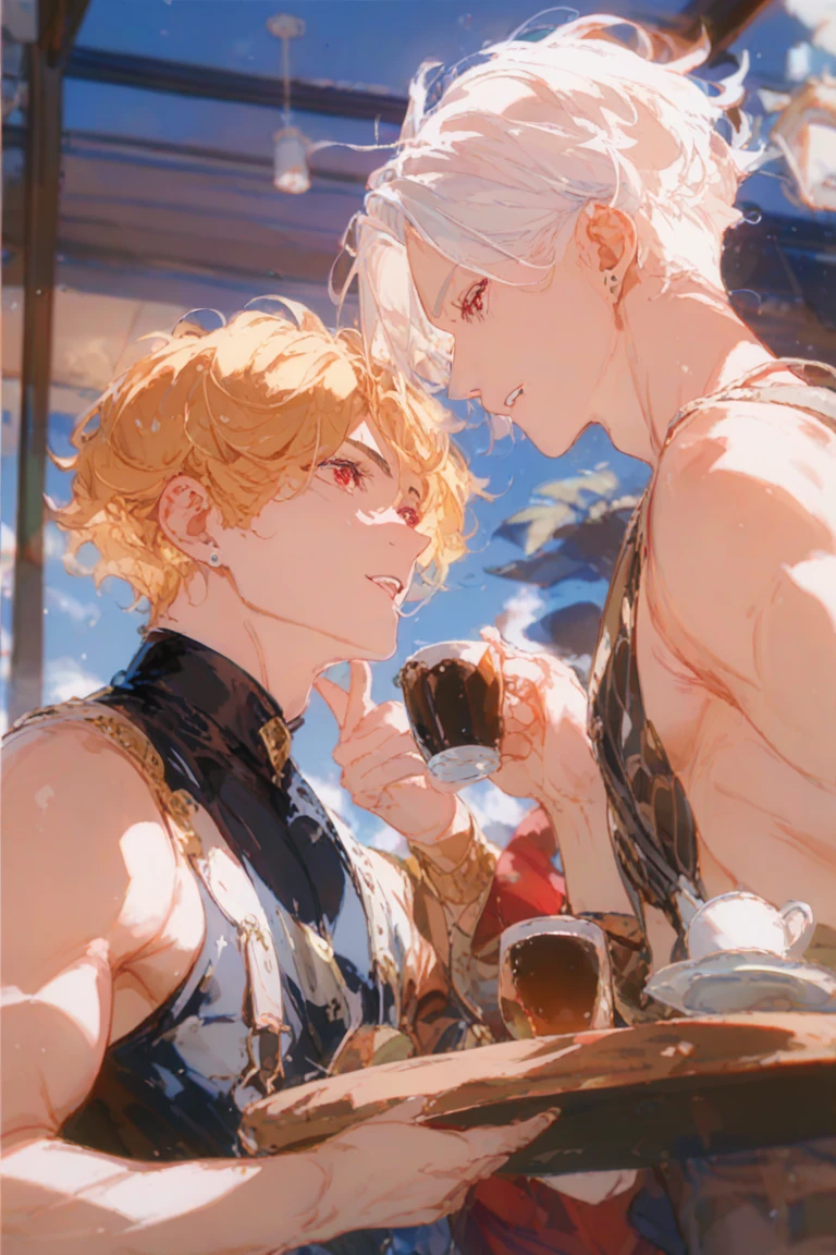Two boys kissing,Handsome and handsome,A white hair, emerald green eyes, white eyelashes,A blue-haired dark blue eyeball