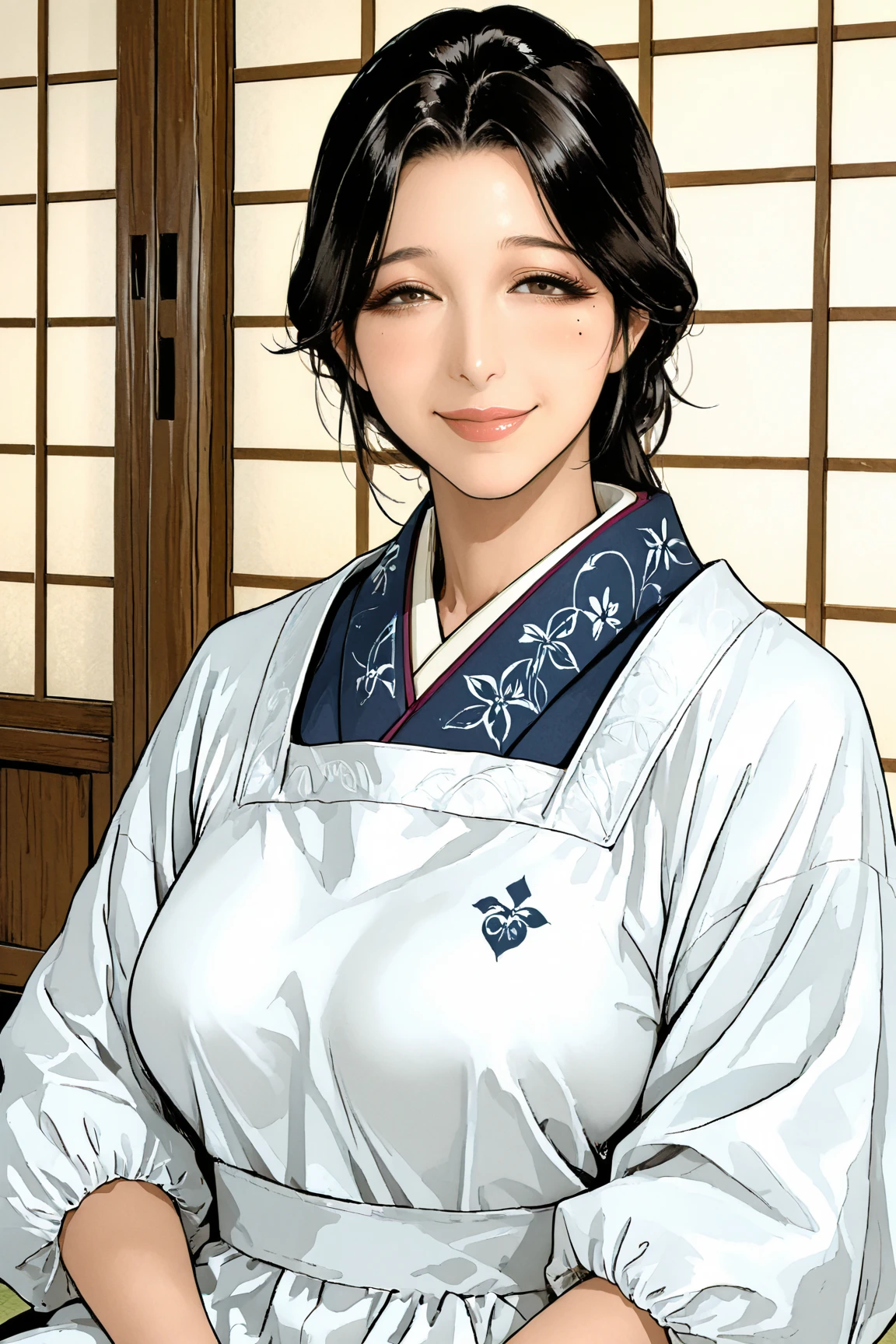 baddie,Hostess,apron, japanese clothes, kappougi, kimono,1woman,solo,Motherly,peaceful atmosphere,color,extremely voluptuous woman,Traditional japanese mother,full lips, thick lips, glossy lips, well-defined lips,High detailed lips,a single small beauty mark under the left eye,looking at the viewer with soft eyes, tender smile,gently smiling with a warm, loving, maternal expression, evening shadows, formal sitting, traditional beauty, dim lighting, japanese architecture