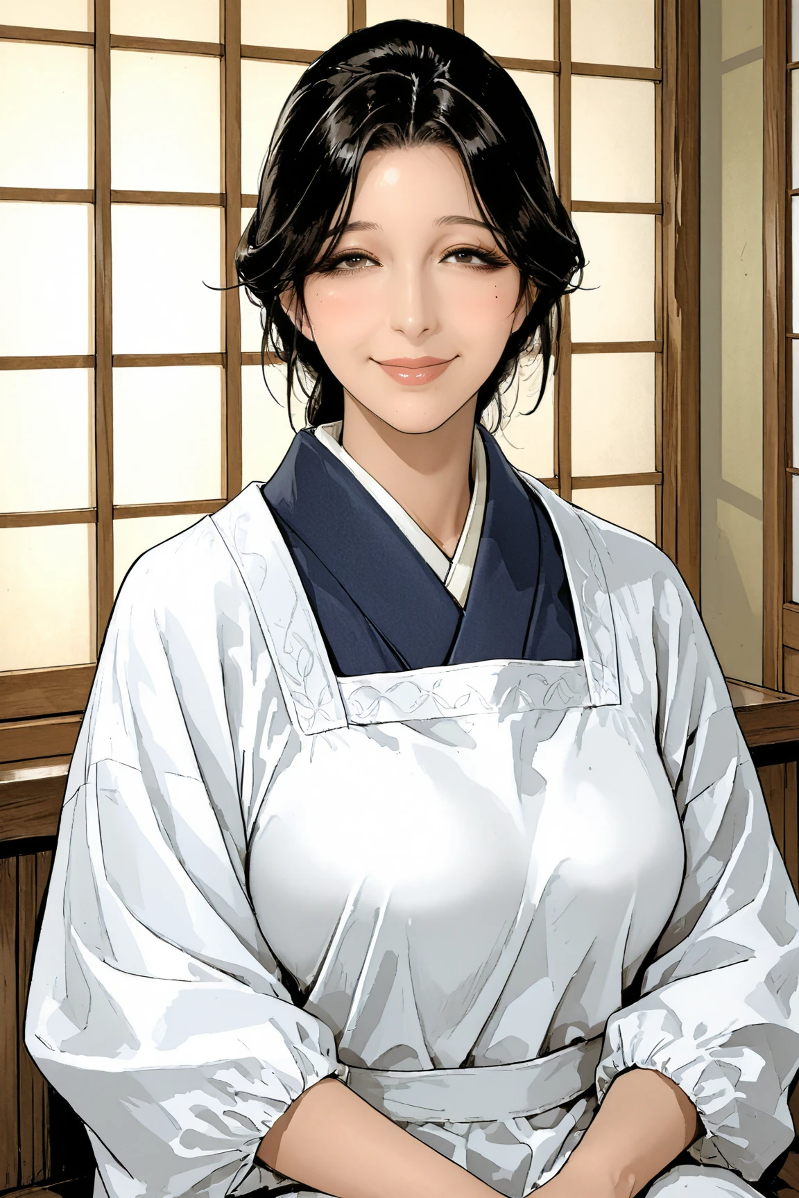 baddie,Hostess,apron, japanese clothes, kappougi, kimono,1woman,solo,Motherly,peaceful atmosphere,color,extremely voluptuous woman,Traditional japanese mother,full lips, thick lips, glossy lips, well-defined lips,High detailed lips,a single small beauty mark under the left eye,looking at the viewer with soft eyes, tender smile,gently smiling with a warm, loving, maternal expression, evening shadows, formal sitting, traditional beauty, dim lighting, japanese architecture