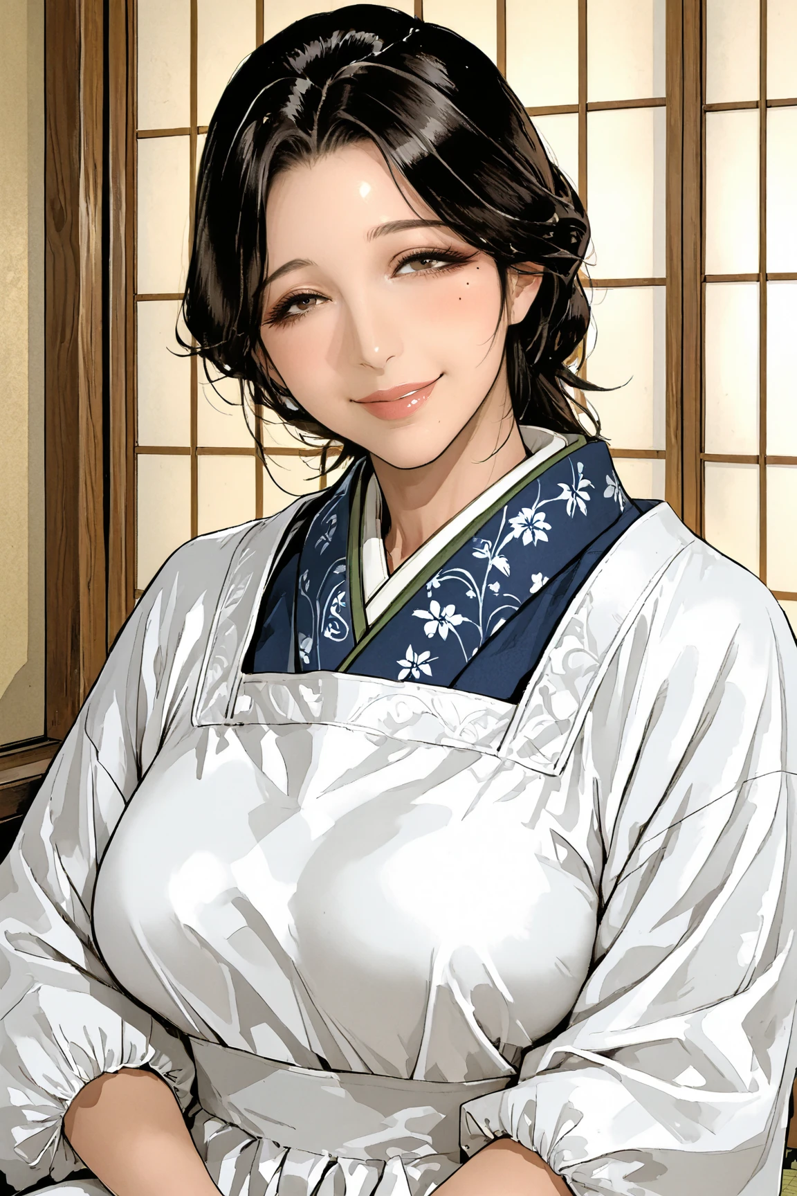 baddie,Hostess,apron, japanese clothes, kappougi, kimono,1woman,solo,Motherly,peaceful atmosphere,color,extremely voluptuous woman,Traditional japanese mother,full lips, thick lips, glossy lips, well-defined lips,High detailed lips,a single small beauty mark under the left eye,looking at the viewer with soft eyes, tender smile,gently smiling with a warm, loving, maternal expression, evening shadows, formal sitting, traditional beauty, dim lighting, japanese architecture