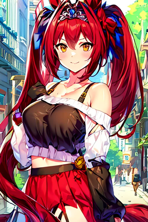 (dutch tilt:1.5), masterpiece, 8k wallpaper, absurdres best quality, dynamic angle, 1girl, fox ears, charming, delicate, extremely cute, small breasts, crimson hair, ahoge, long hair, side locks, hair braids, detailed eyes, green eyes, (strapless top, shorts, mischievous big smile, mischievous, standing, leaning forward:1.2), hair clips, blush, detailed background, outdoors, nature, sakura trees, sun, bushes, [butterflies], mountains, sun, clouds