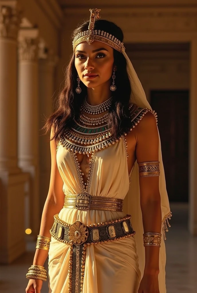 An Egyptian female pharaoh in a linen dress and beautiful jewelry with brown, wavy hair