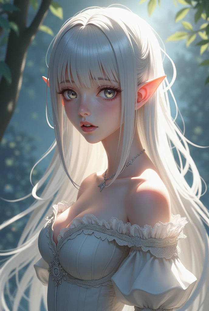 One girl, Long Hair、White Hair、Silver Hair．ギザギザなteeth．
Princess Teresa，White skin, large breasts, Pointy Ears, Blushing, masterpiece, とてもLong Hair, Gray Hair, Sparkle Effect, Background blur, Lady wearing a white dress、Princess Teresaは幽霊でギザギザなteethを持つ舌の長い巨胸な令嬢です。poses shyly with tongue out、White wax skin、Pale background、Dark room bed tongue, teeth, Sticking out tongue, Red colored eyes, saliva, Blue Mouth、Inky、Lens flare, masterpiece, Gaze, Bangs between the eyes, Female monster