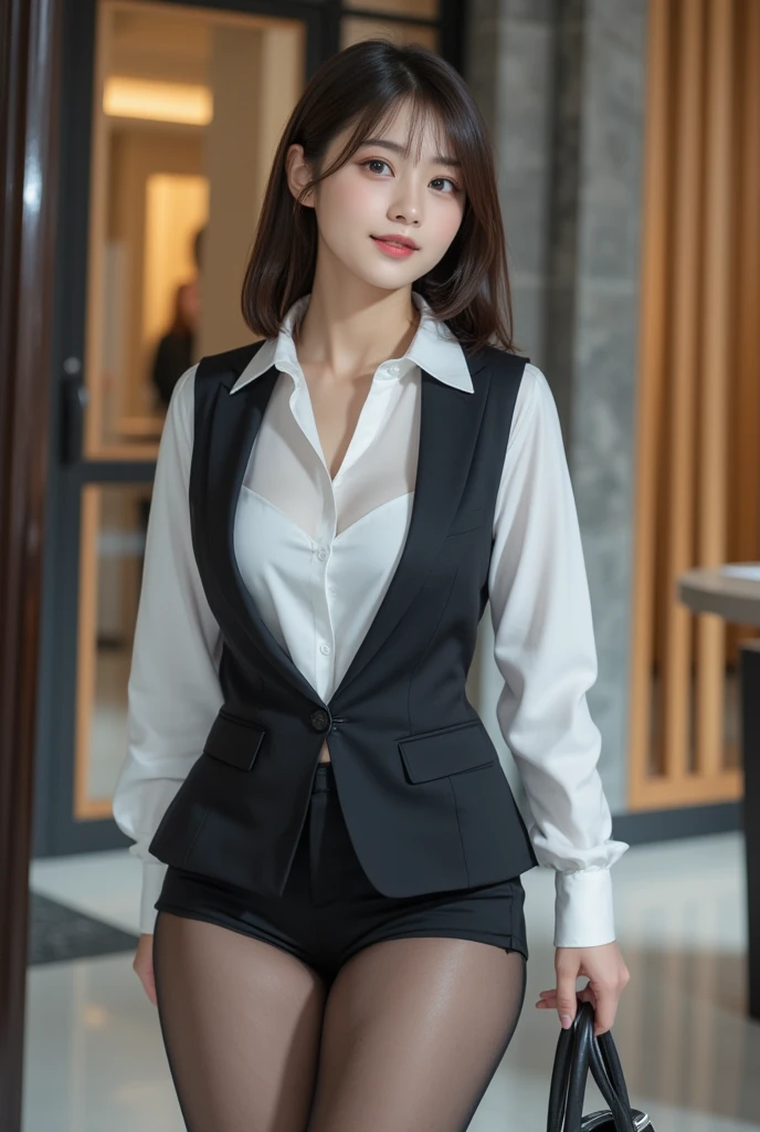 beautiful japanese woman,Photos taken by a professional photographer,Fancy makeup with red eyeshadow,double eyelid,The best smile,Delicate brown hair with short cut and side waves,big ring earrings,elegant legs,Wearing black high heels,long and thin legs, white shirt and super miniskirt, long legs, standing during class, very beautiful slim legs, とても美しいlong and thin legs, sitting at desk, Business service, beautiful feet, good hips and long legs, beautiful feet, black tights,black stockings,black pantyhose,random pose,