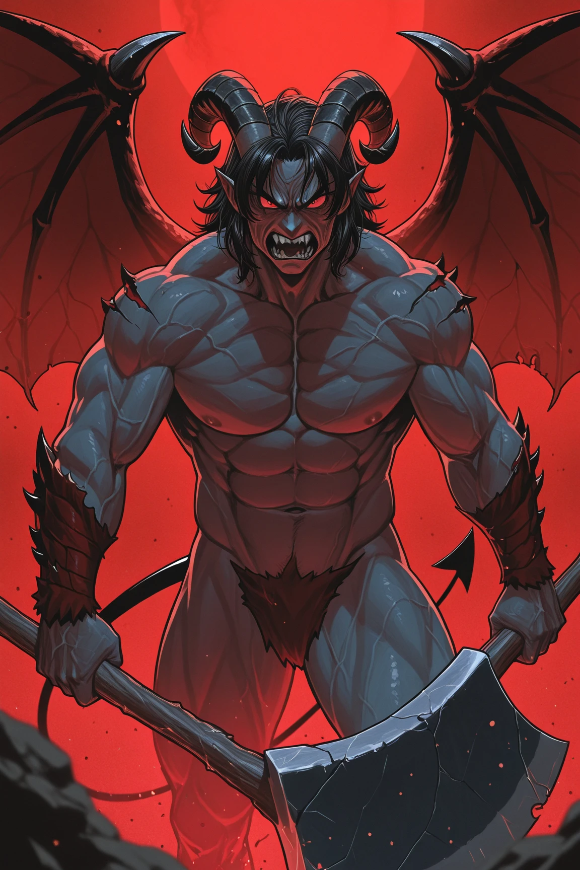 Demon, muscled body, absurdly tall body, hot male demon, red skin, big red cock