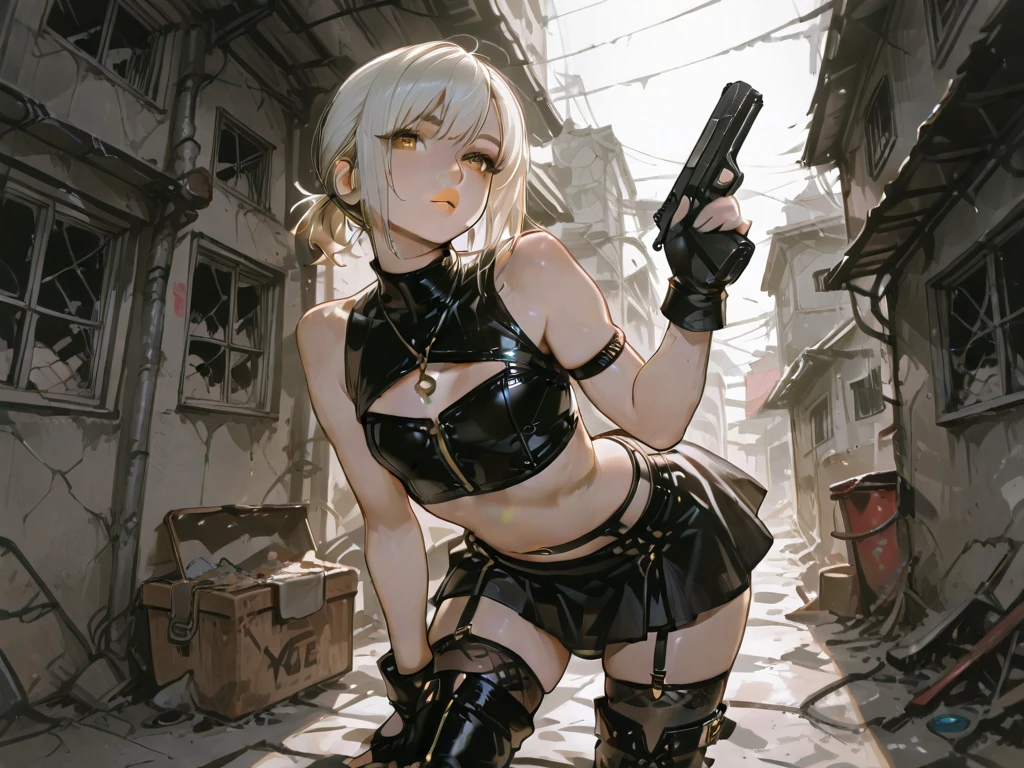 Character design, anime, cute concept art, comic, comic cover, key visual, poster, popular illustrations for games, anime girl with green eyes and short bob, platinum blonde hair wearing a golden micro bikini, Silver Hair, character portrait, manga drawing, Sudo Asakichi and Art Jellm, Takano Aya color style, Art Jellm and James Jean, Edelgard Fire Emblem, exposed skin, shapely legs, beautiful girl holding a pistol,