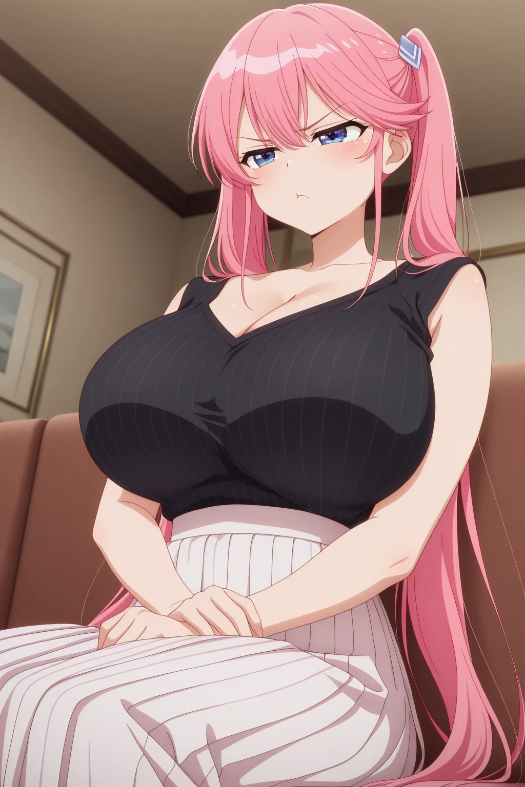 make a girl ((( long pink dress that reaches to the ankles))), (((huge breasts))),
sitting at a desk, (((his right hand on his chest and his left hand on the table))).