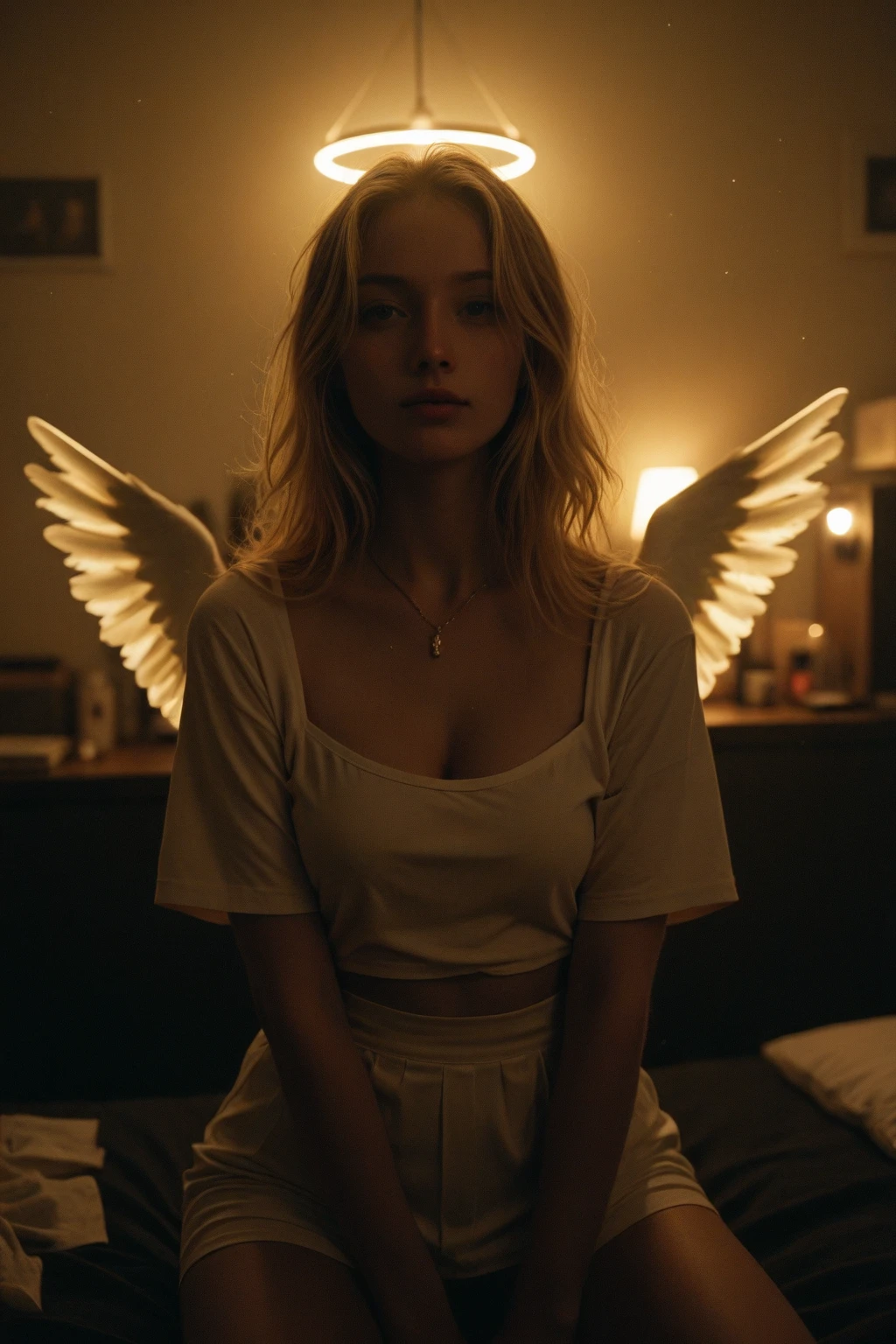 (Beautiful blonde woman, Beautiful angel, whole body:1.3),(White skin:1.8),(Beautiful small breasts:1.35),(Angel Halo, Angel Wings:1.4),(Look at this),(A Kind Smile, Long face:1.45)、(White see-through dress),Random Accessories、(Asymmetrical layered cut hairstyle:1.15)、At the church at night, Stained glass in the background