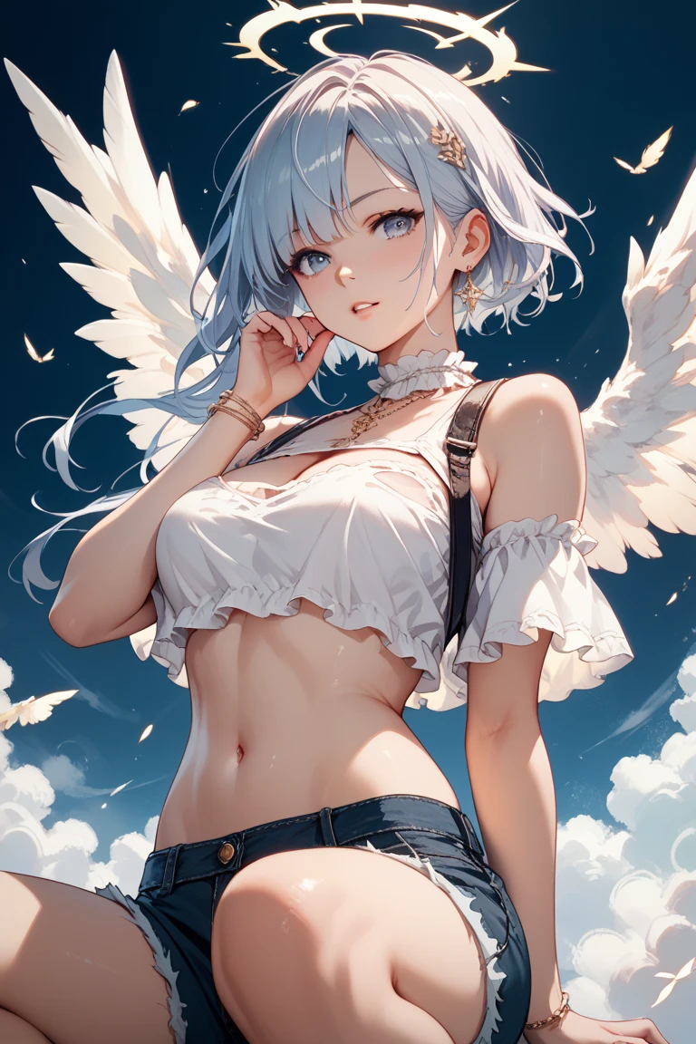 1Young girl in person、short gray hair、White dog ears、silver eyes、smile、wearing a black bikini bra、Black Bikini Pants、muscular body、abs、(Angel wings on the back) 、(spread both wings: 1.3)、large wings、outdoor、stand under the blue sky、From above、masterpiece、high quality